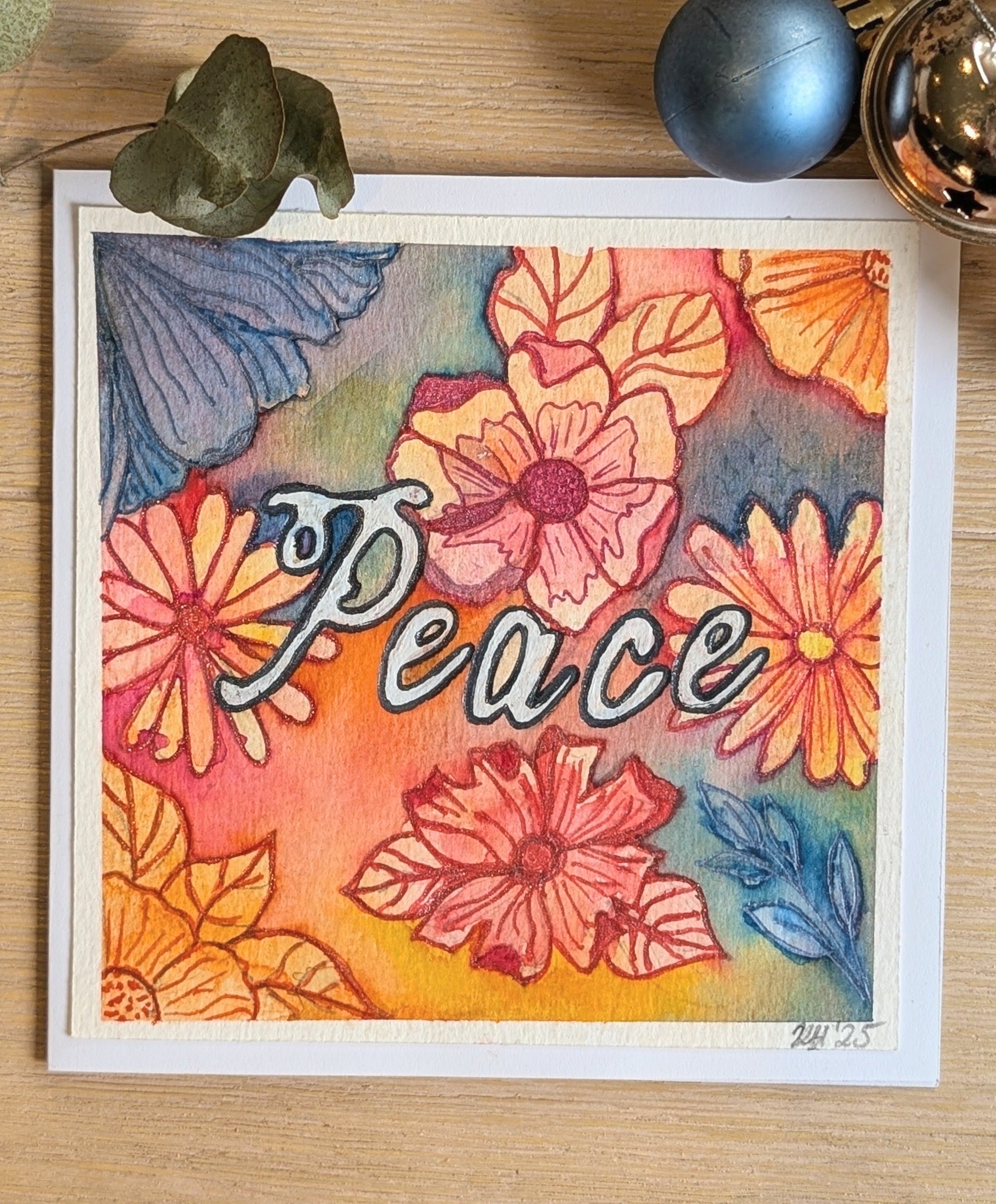 “Peace” Christmas Card – Original Floral Watercolour & Ink