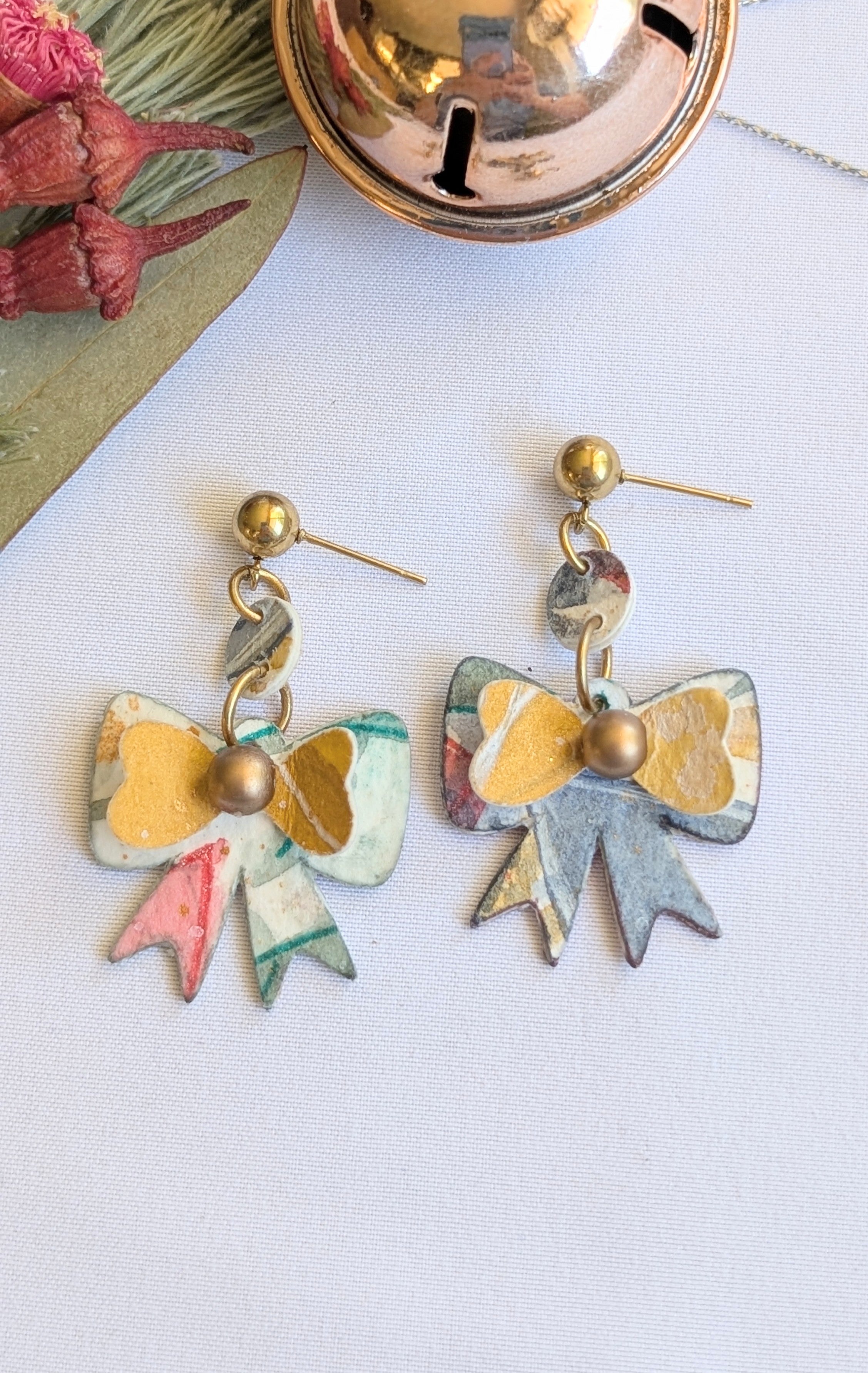 Christmas Bow Earrings – Hand-Painted Paper Jewellery