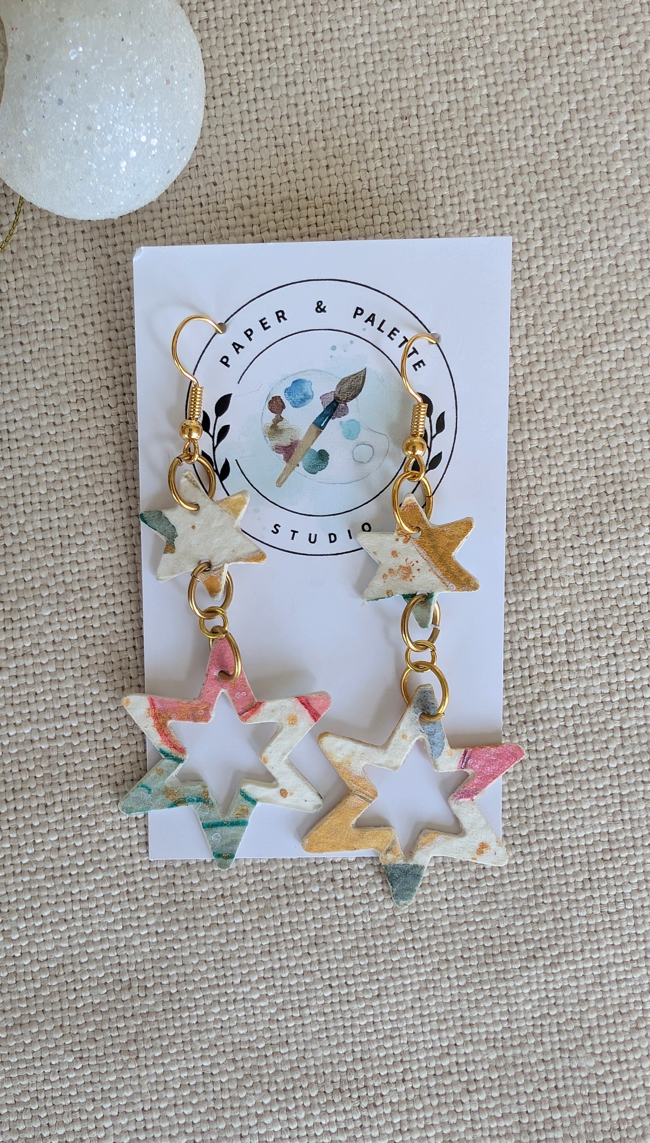 Hand Painted Christmas Star Paper Earrings Lightweight and Sustainable