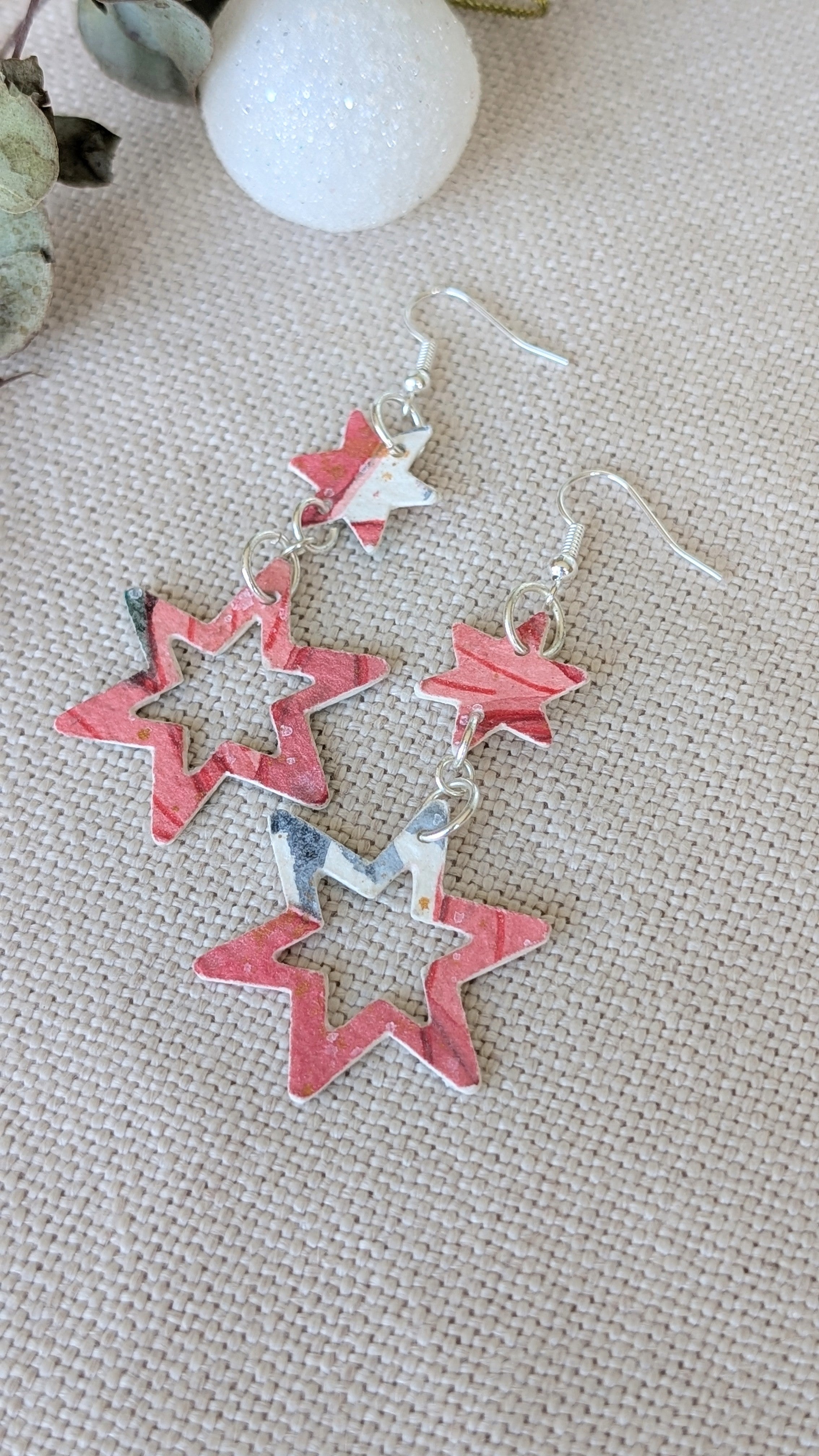 Hand Painted Christmas Star Paper Earrings Lightweight and Sustainable