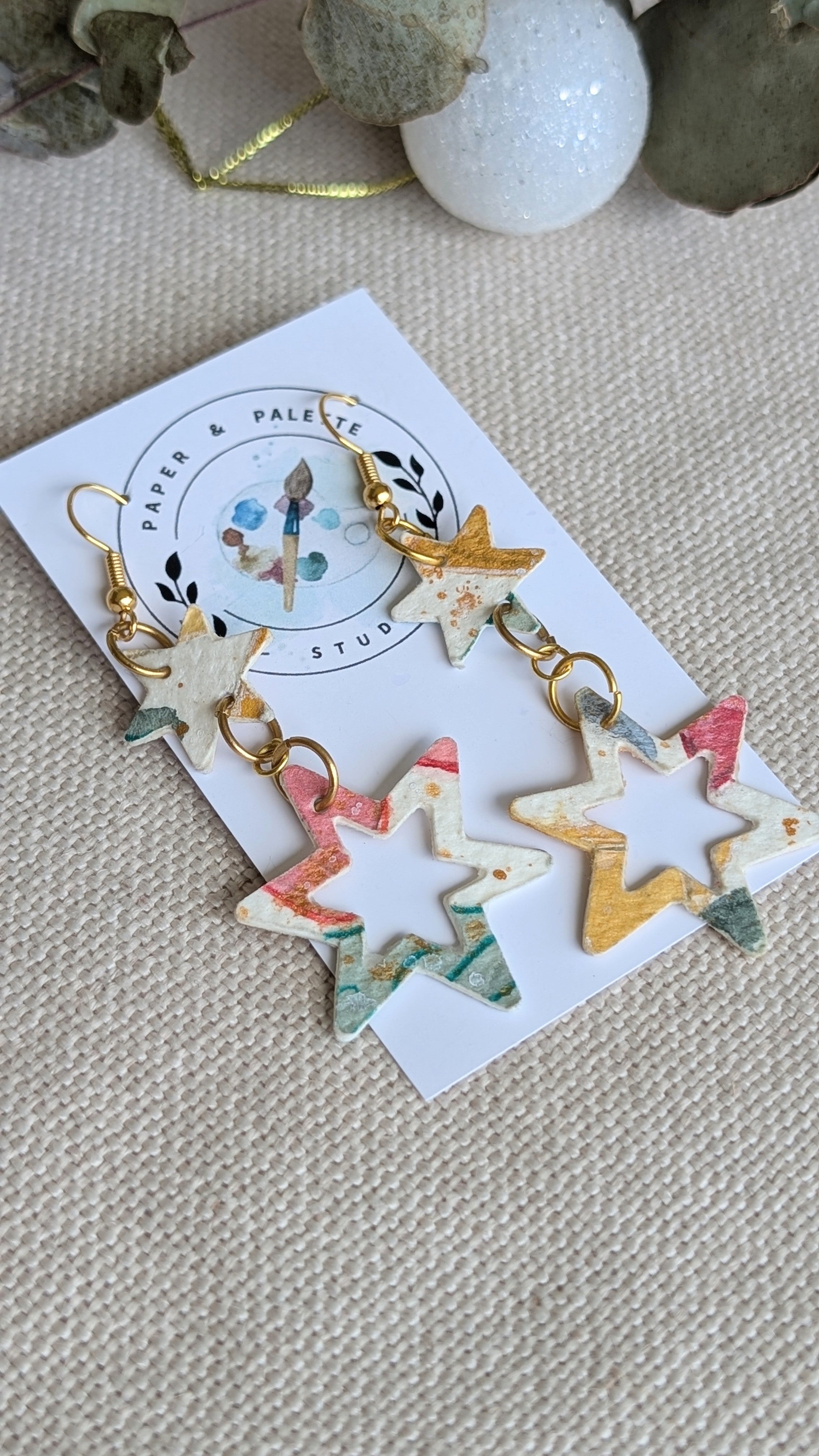 Hand Painted Christmas Star Paper Earrings Lightweight and Sustainable