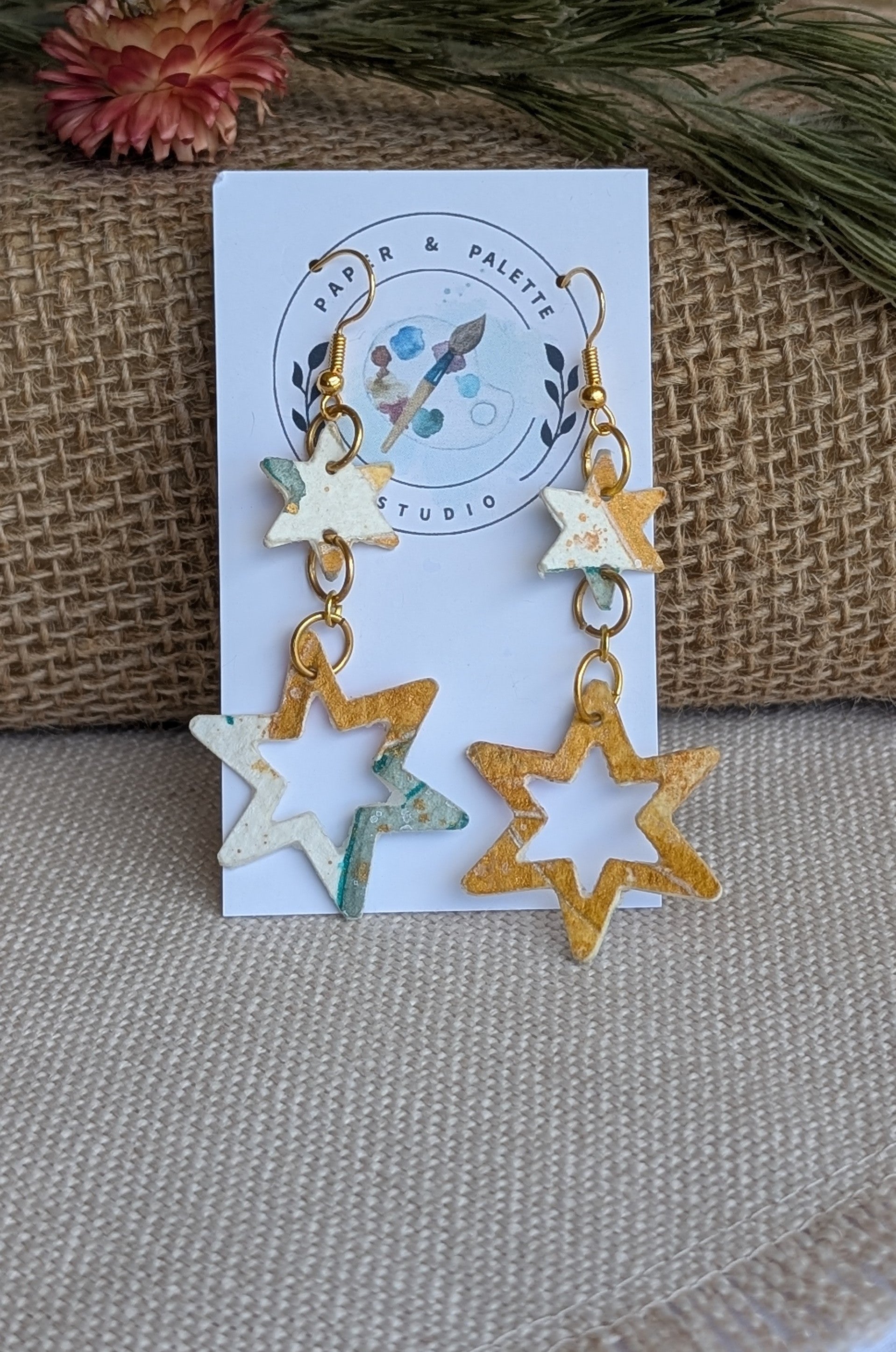 Hand Painted Christmas Star Paper Earrings Lightweight and Sustainable