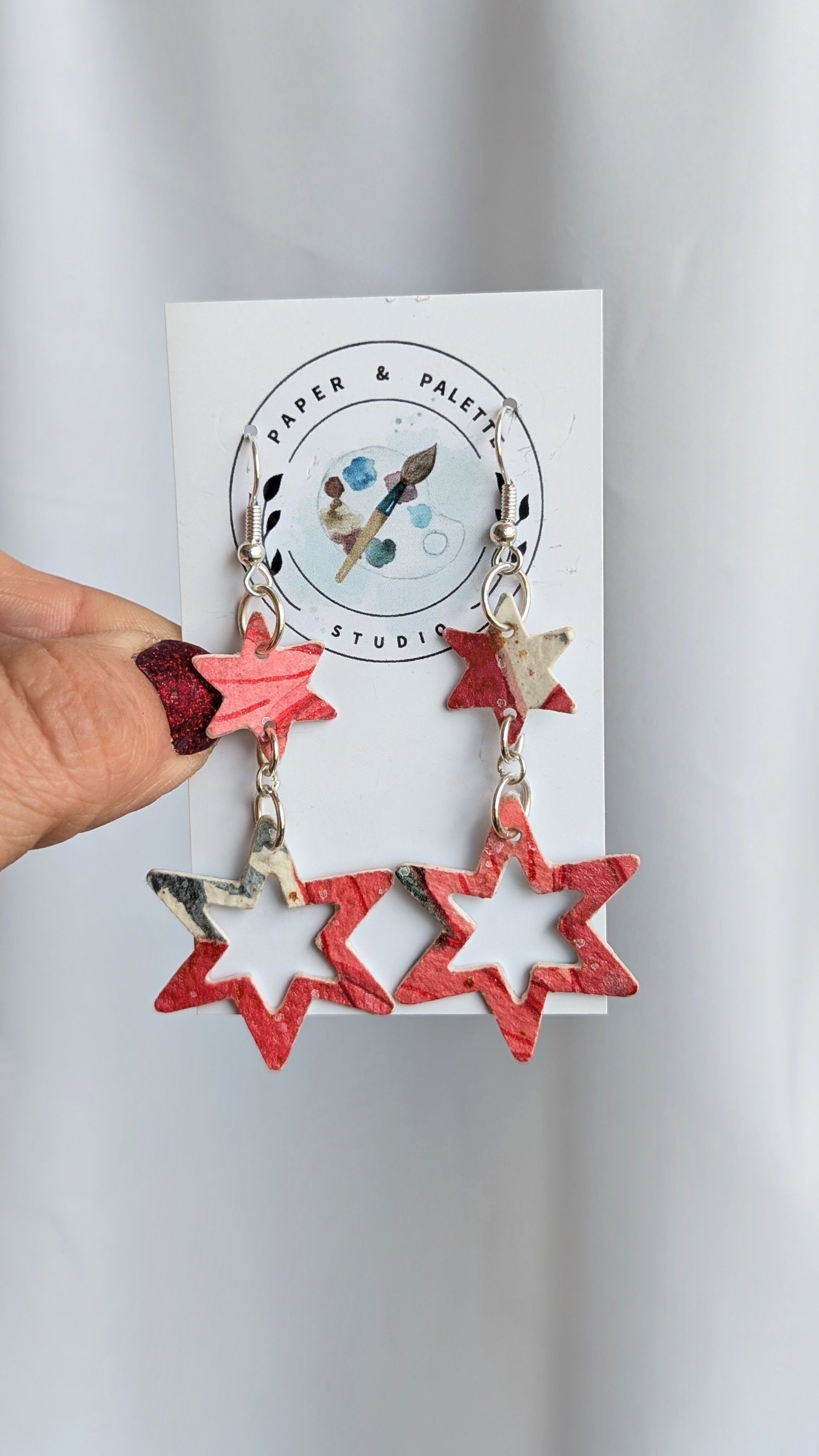 Hand Painted Christmas Star Paper Earrings Lightweight and Sustainable
