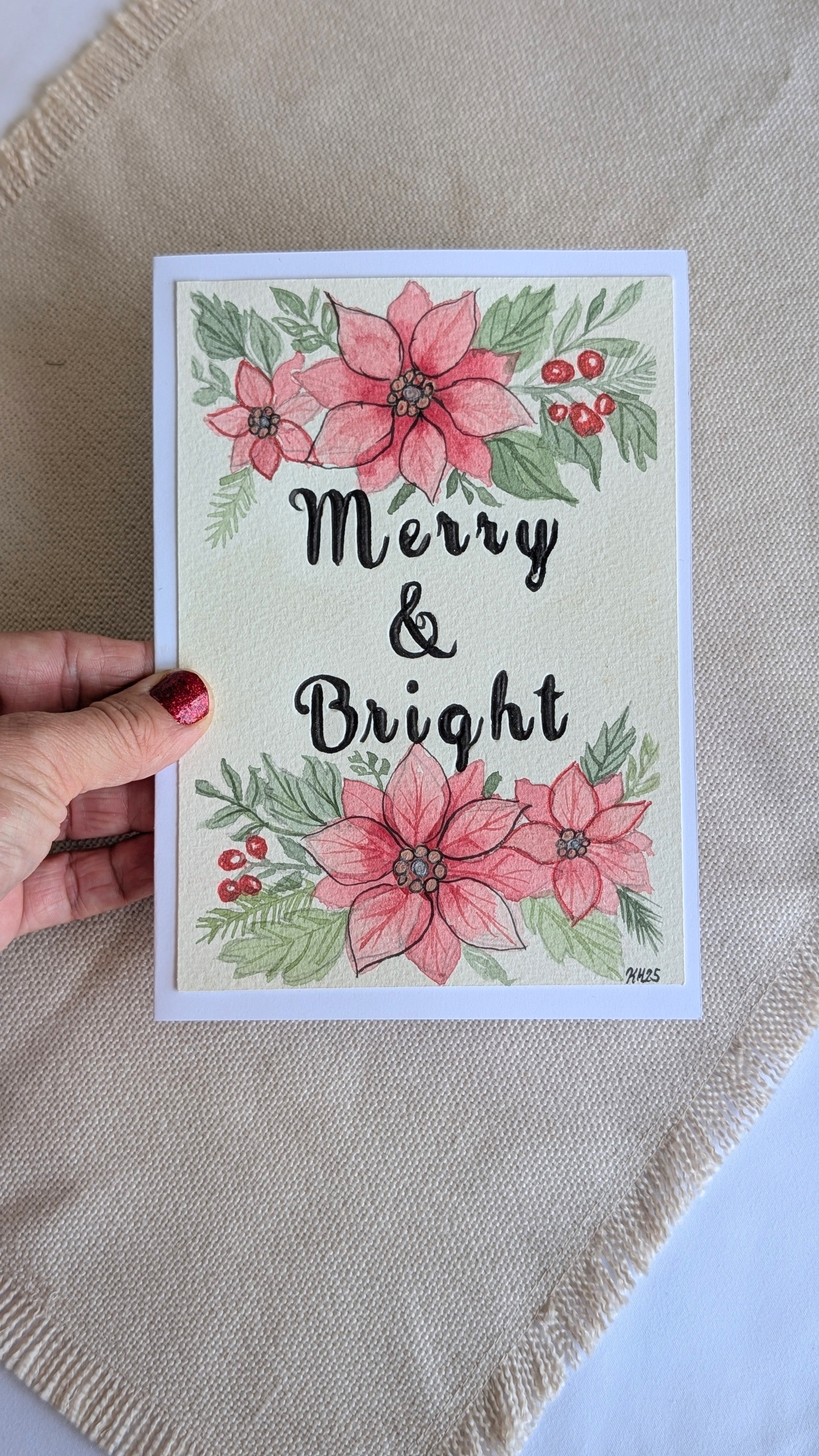 Merry & Bright Christmas Card – Hand painted Poinsettia Design