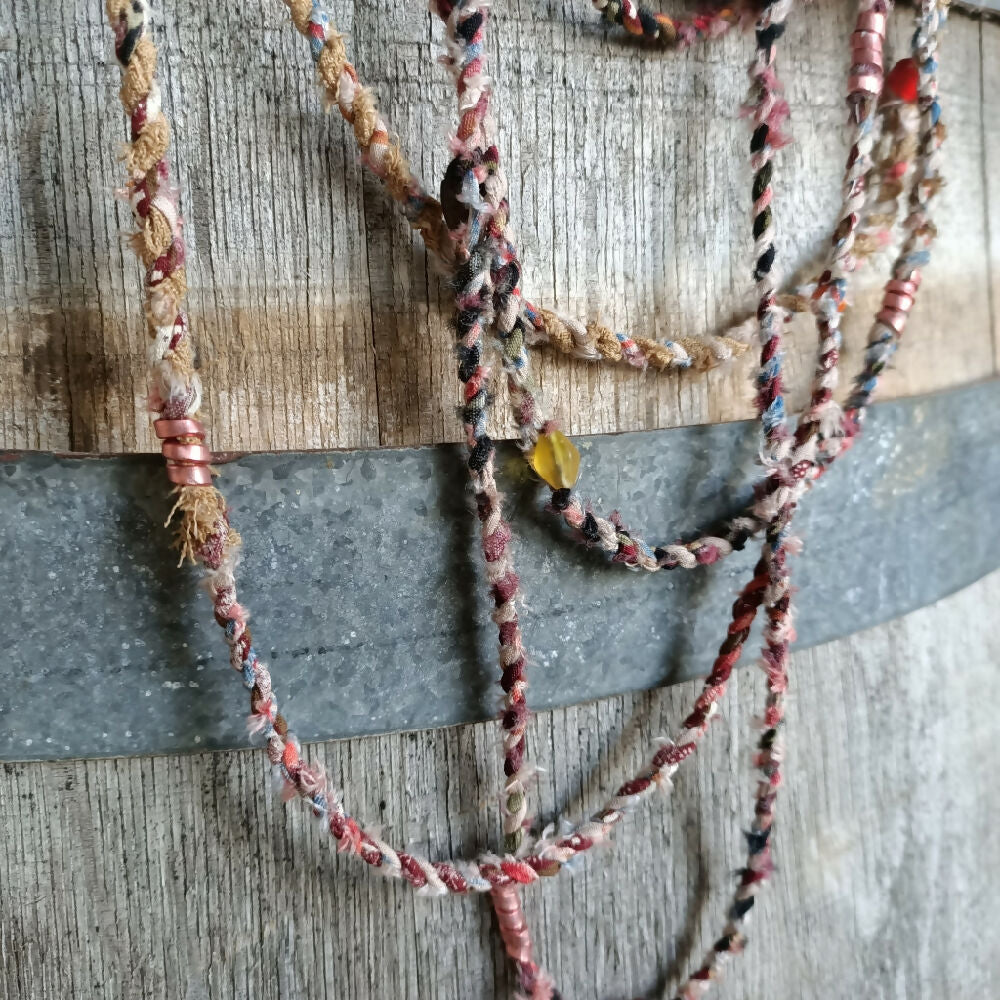 Extra Long Boho Necklace - upcycled fabric & beads - earthy