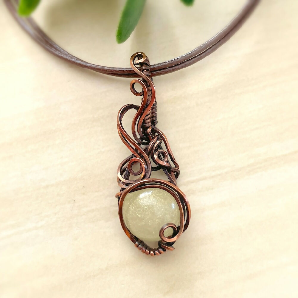 Australian-artist-handmade-unique-jewellery-pendant-cream-Elegant 28x19mm Wire-Wrapped Resin Cabochon Pendant PREF