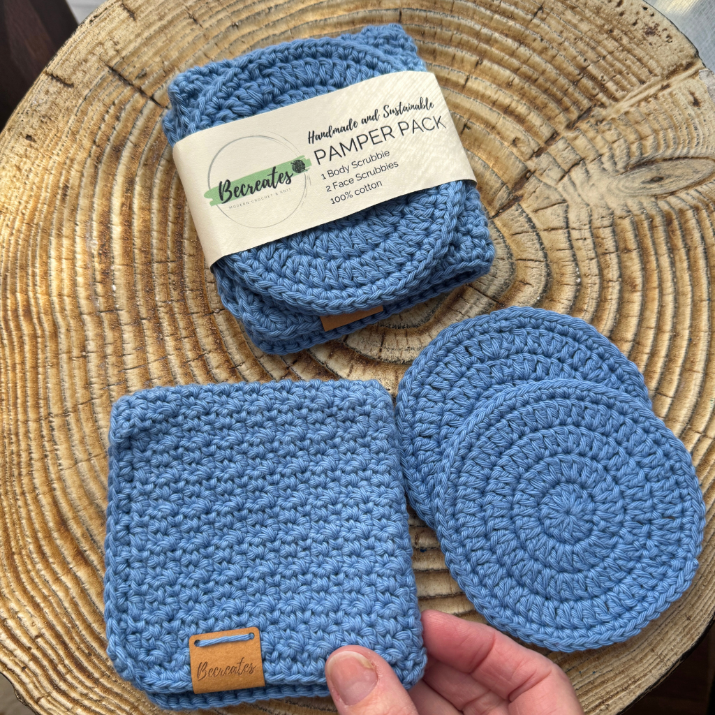 Handmade Pamper Pack | Crochet Body & Face Scrubbie set | Dusty Blue