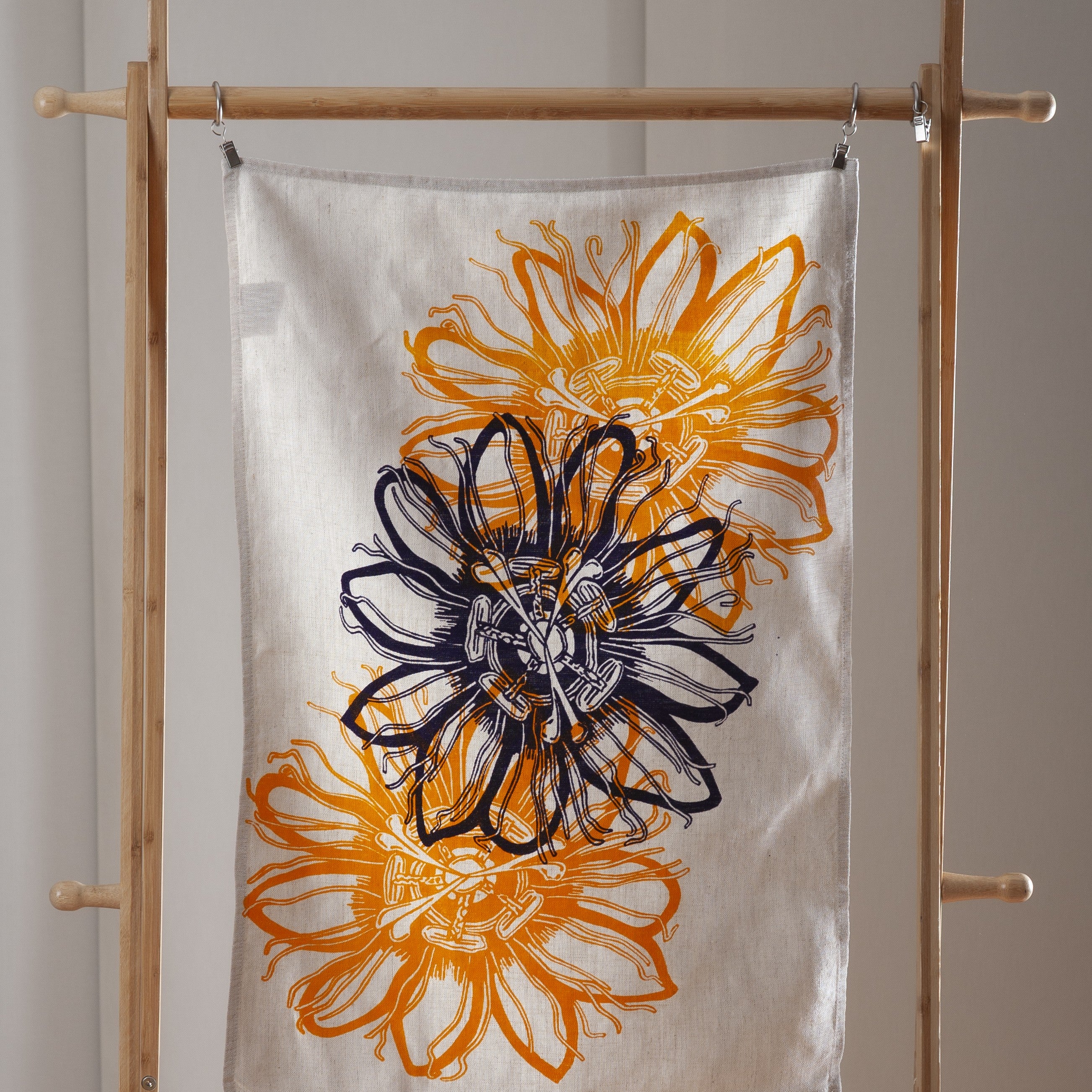 Hand screen printed Linen Tea Towels- Passionflower