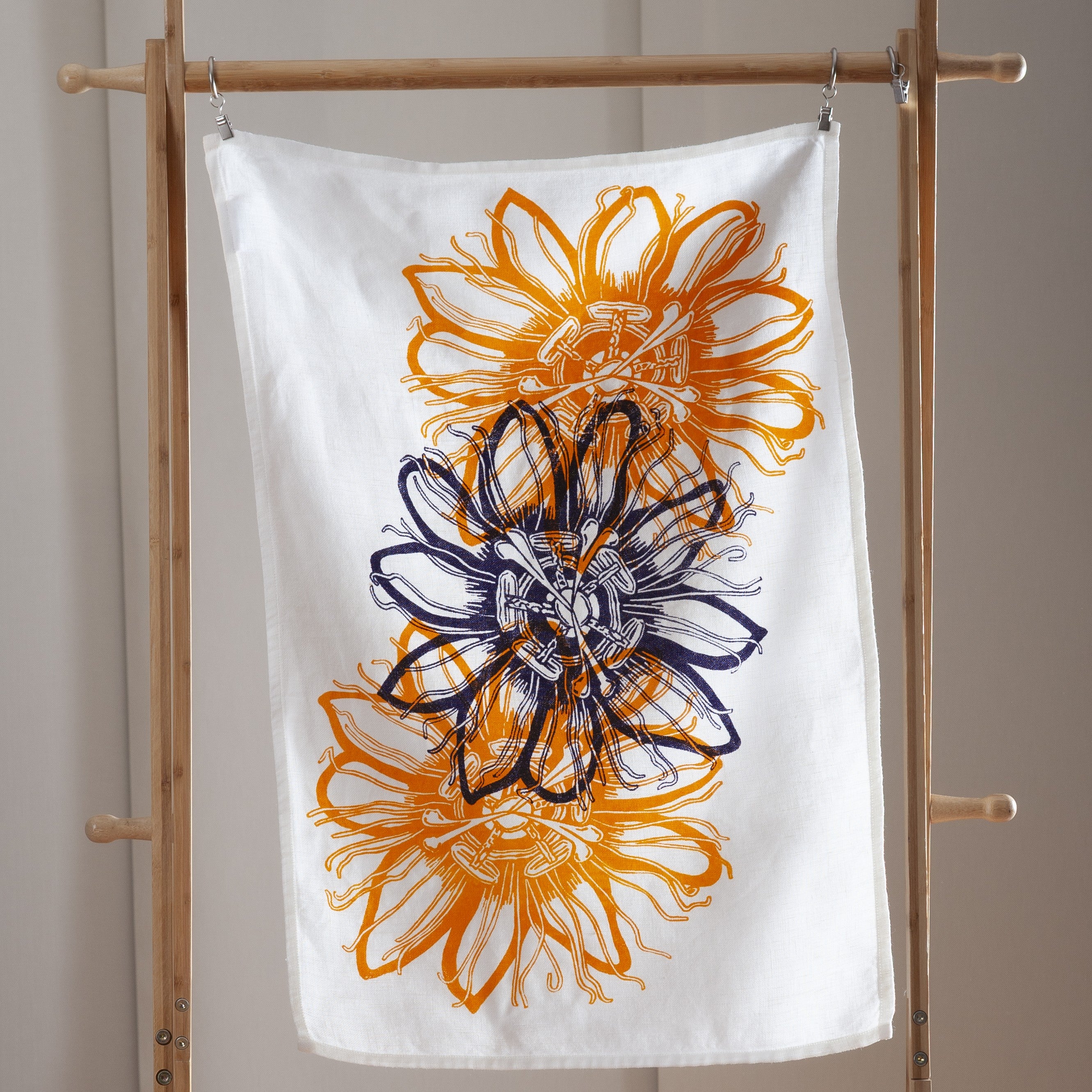 Hand screen printed Linen Tea Towels- Passionflower