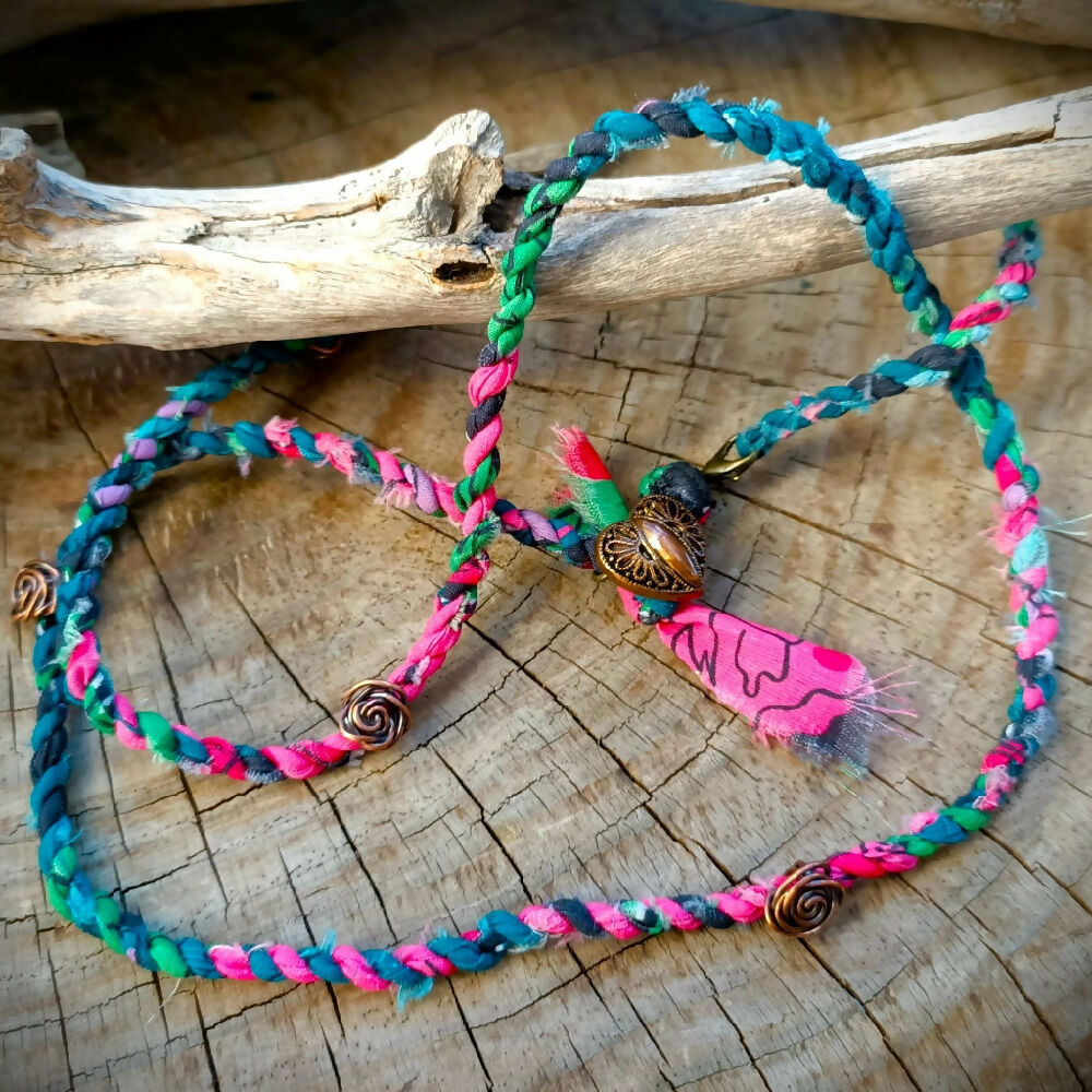 handmade cordage fabric wrap necklace teal pink