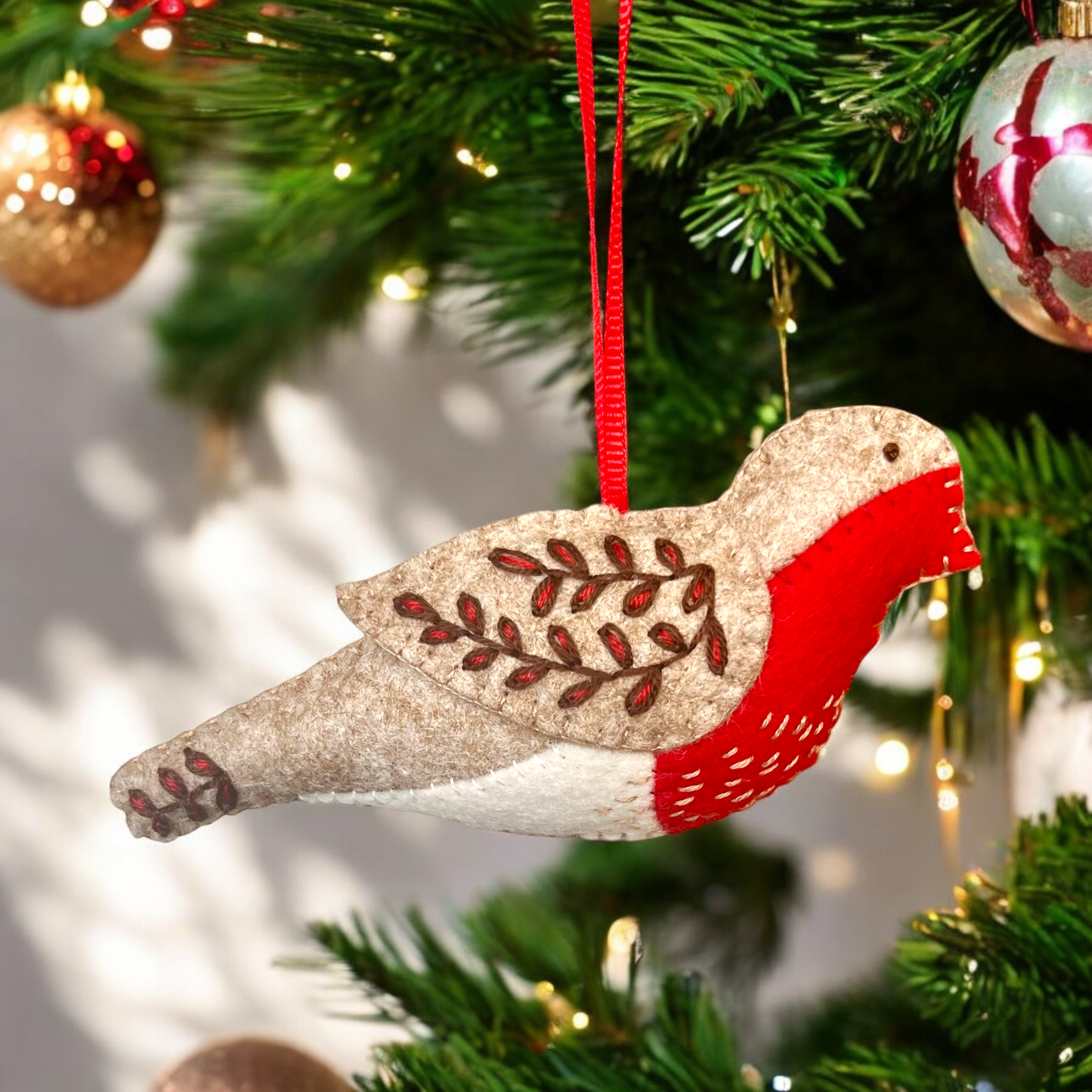 Handmade Embroidered Christmas Robin Ornament
