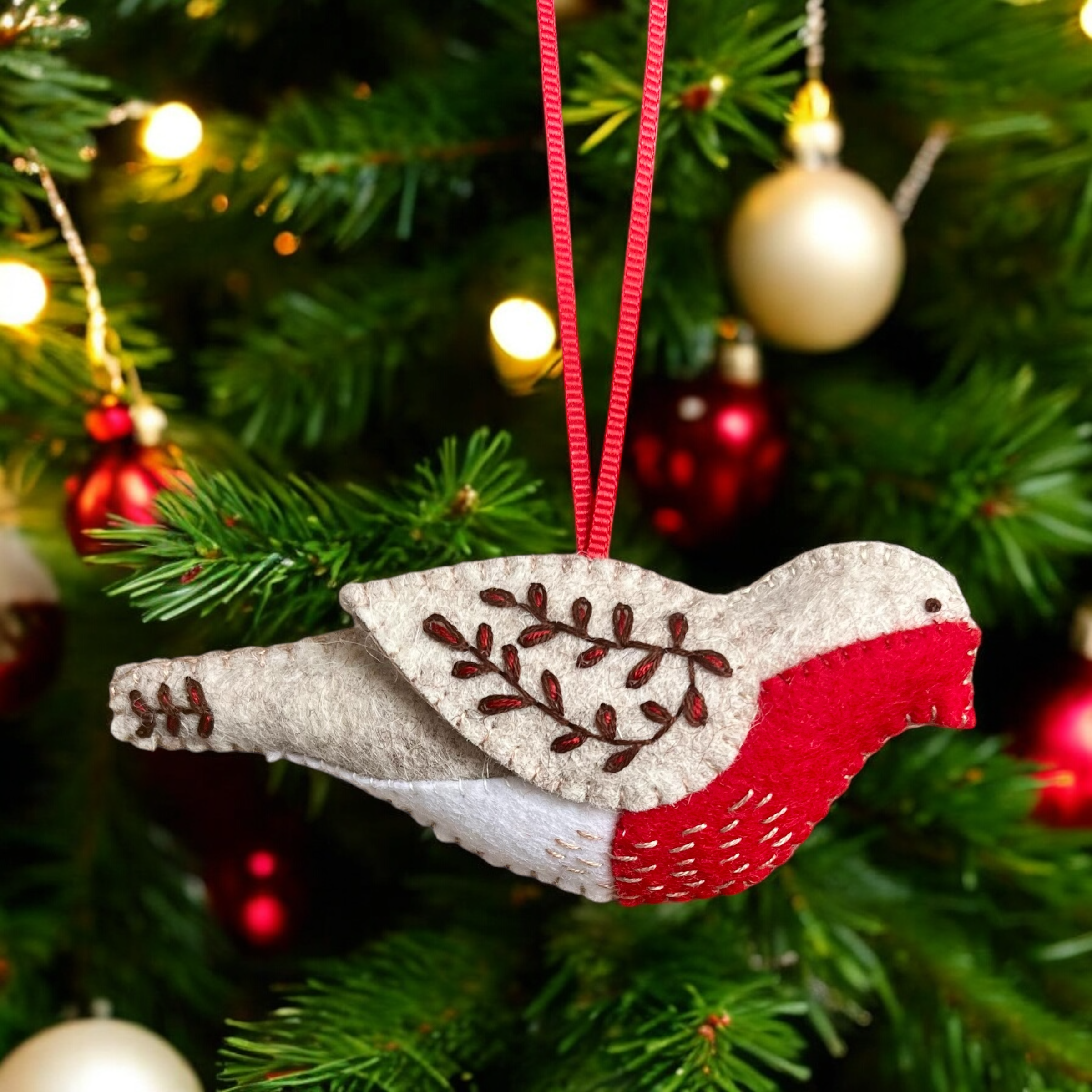 Handmade Embroidered Christmas Robin Ornament