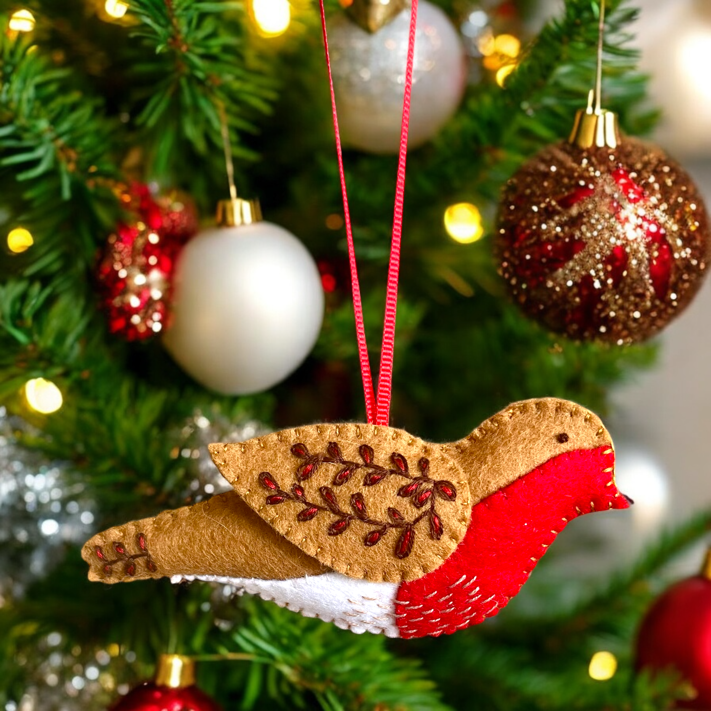 Handmade Embroidered Christmas Robin Ornament