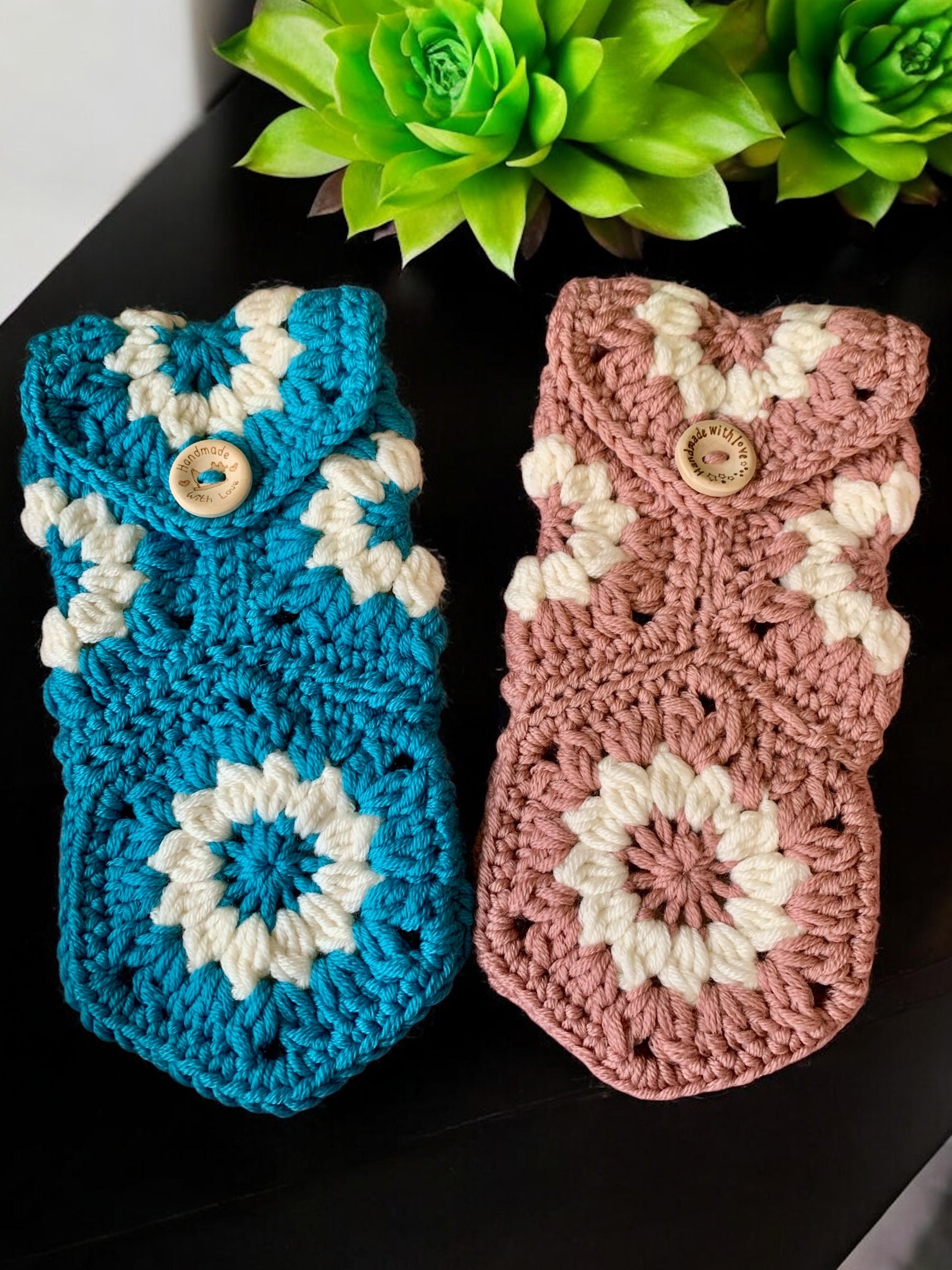 Handmade Crochet Phone or Glasses Case – Retro Granny Square Pouch with Button – Boho Accessory