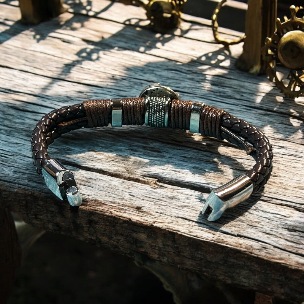 Steampunk watch movement mens leather bracelet