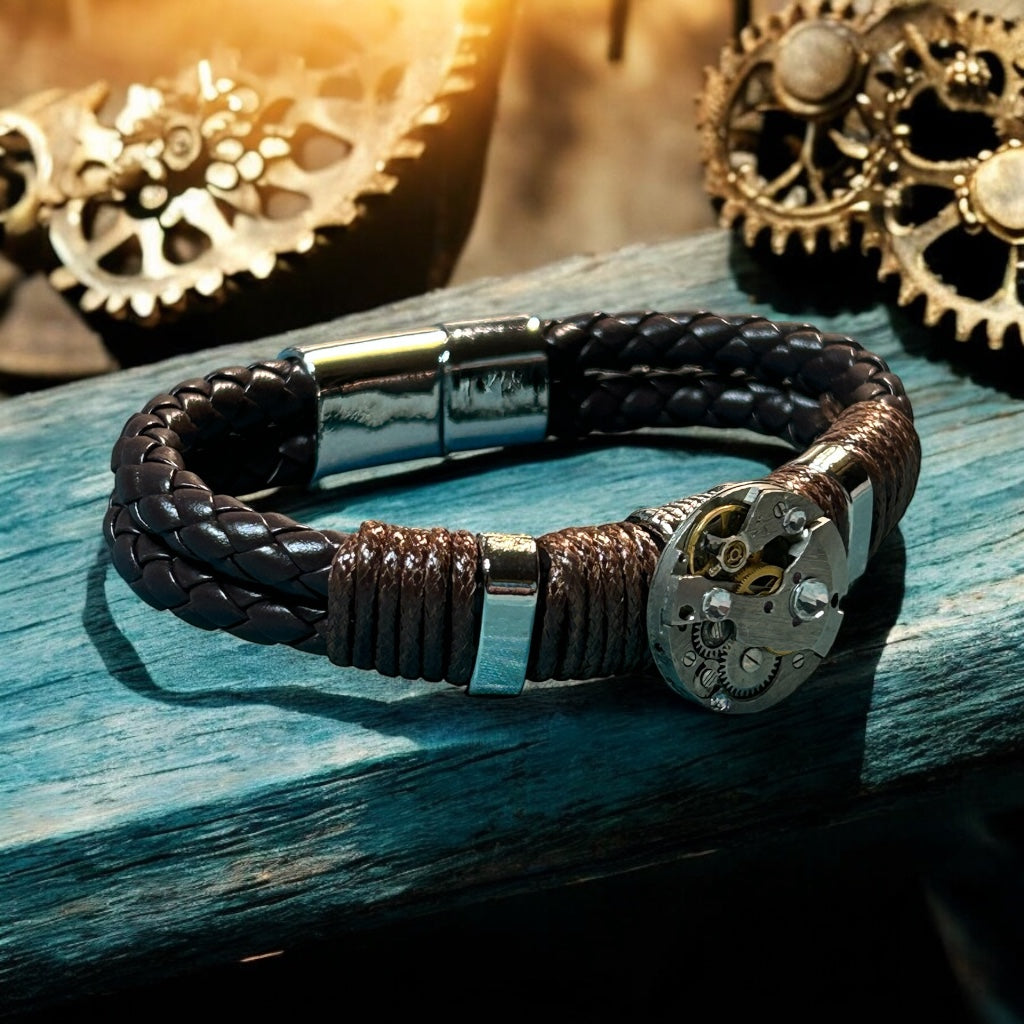 Steampunk watch movement mens leather bracelet