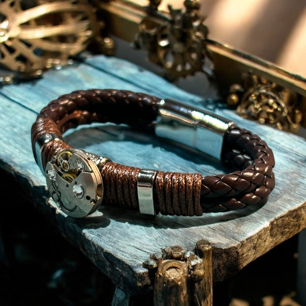 Steampunk watch movement mens leather bracelet