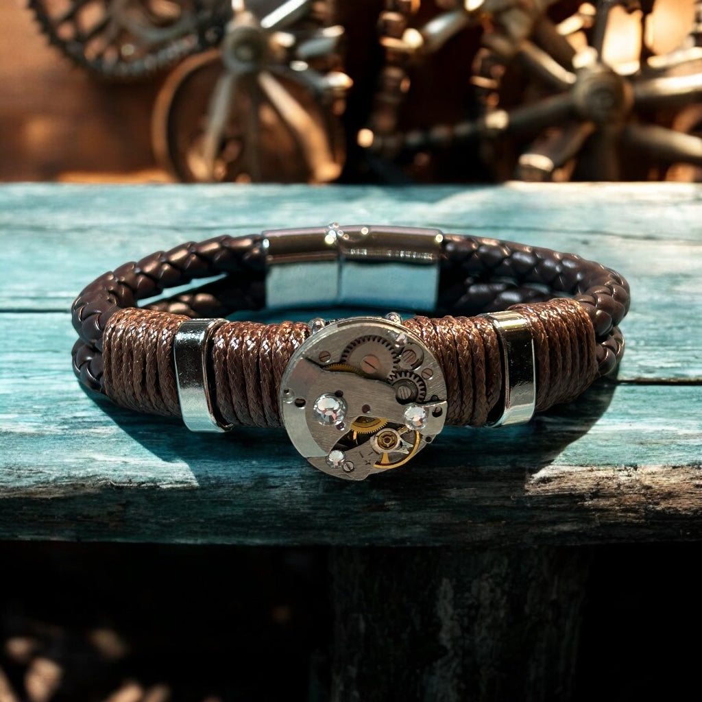 Steampunk watch movement mens leather bracelet