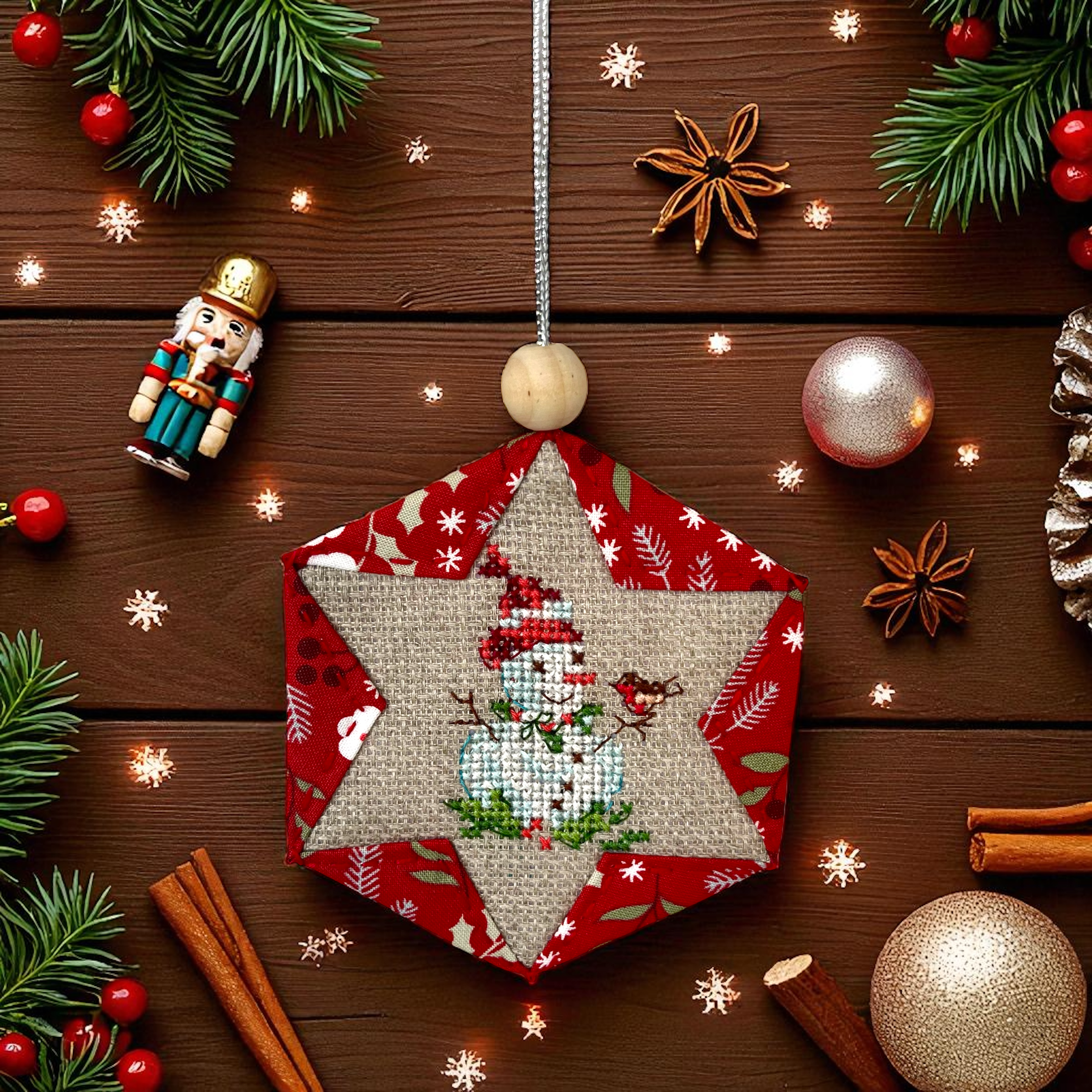 Handmade Cross Stitch Snowman Christmas Ornament