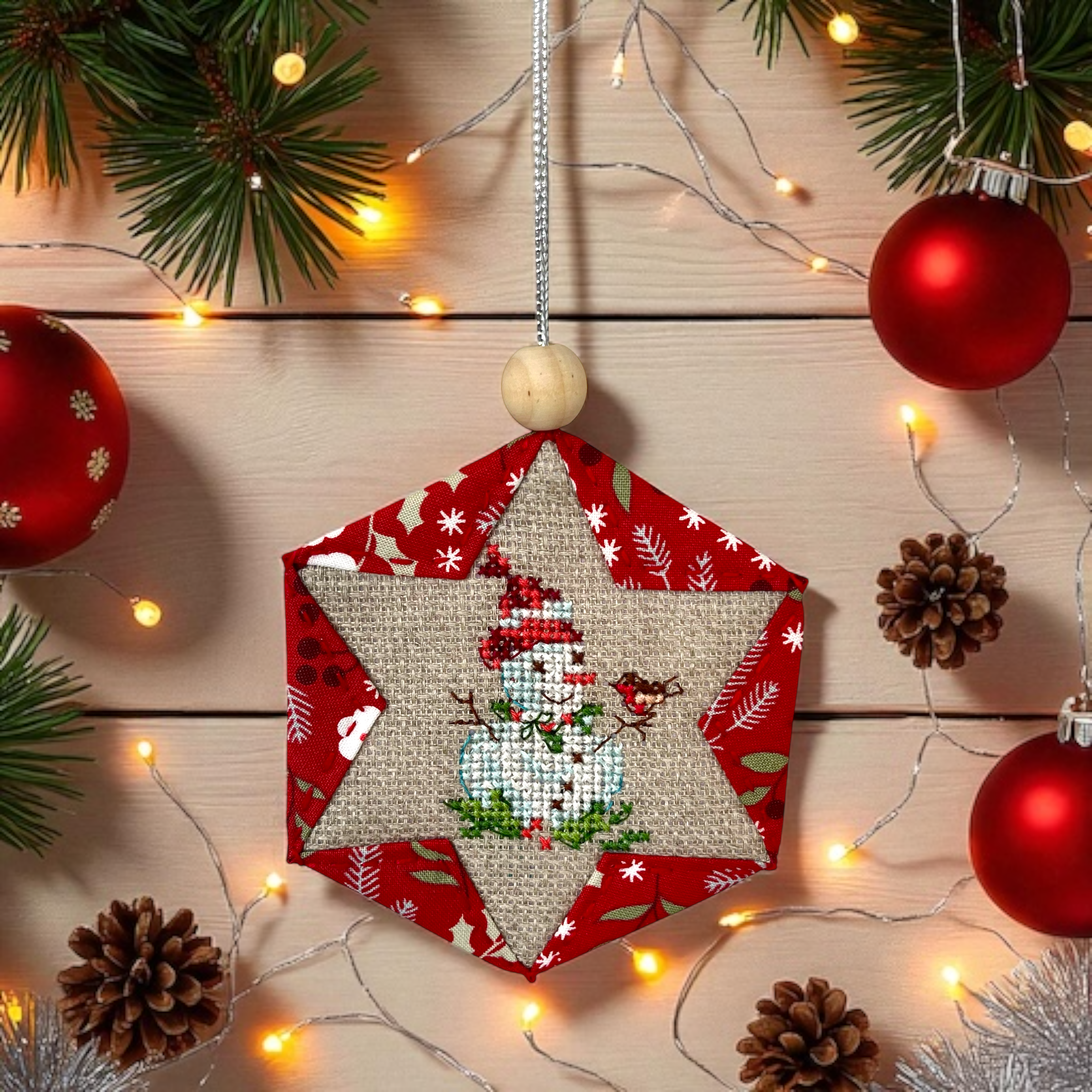 Handmade Cross Stitch Snowman Christmas Ornament