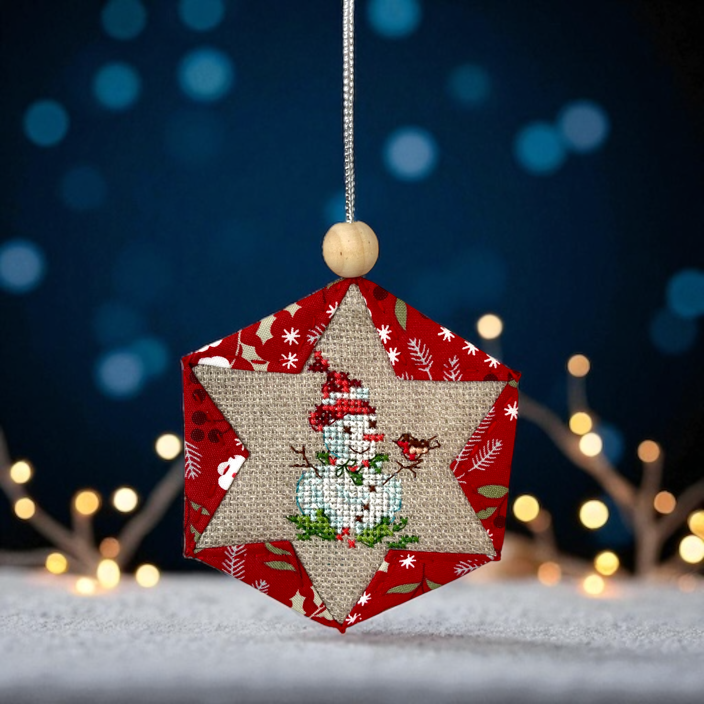 Handmade Cross Stitch Snowman Christmas Ornament