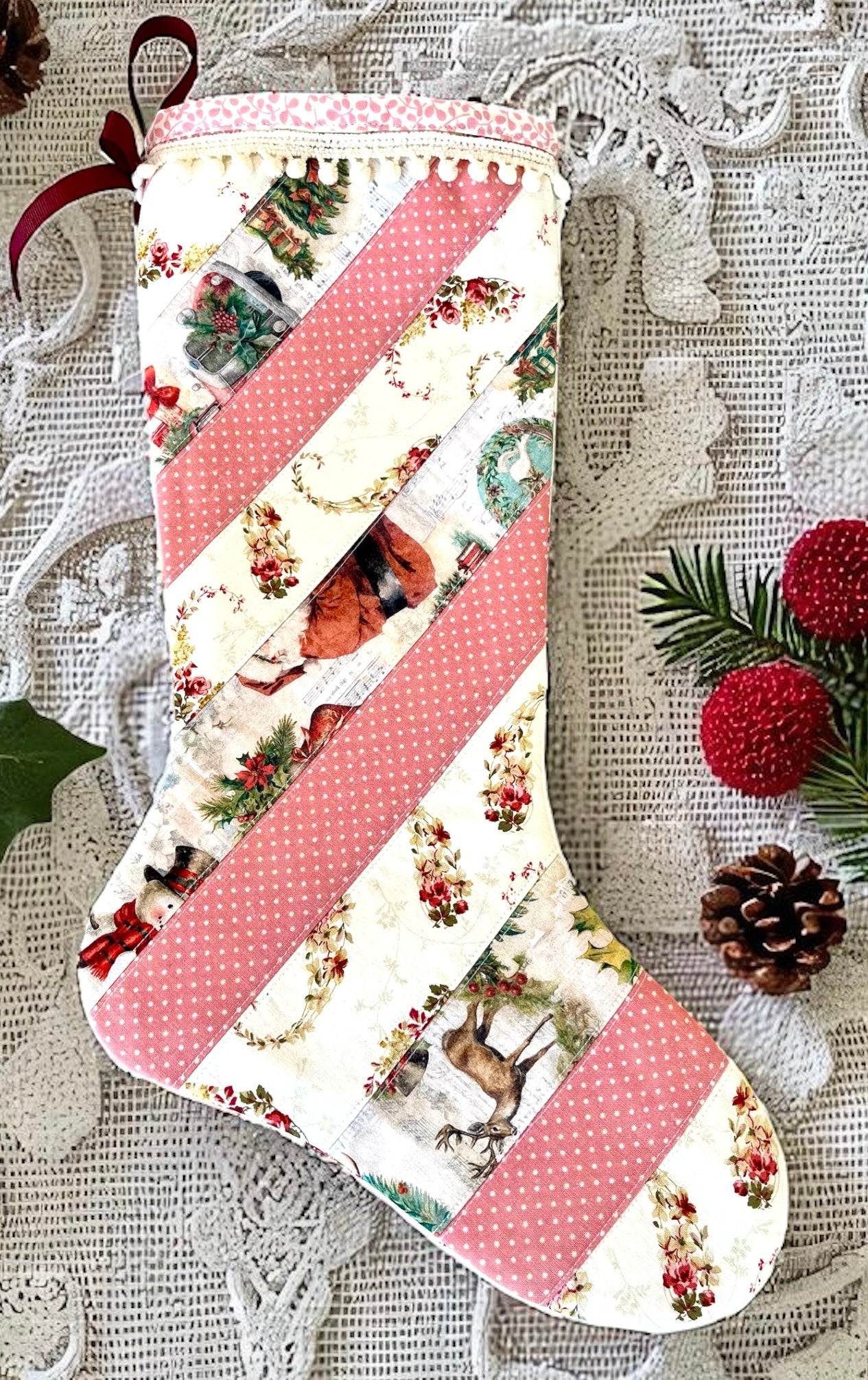 Vintage Christmas Handmade Quilted Stocking