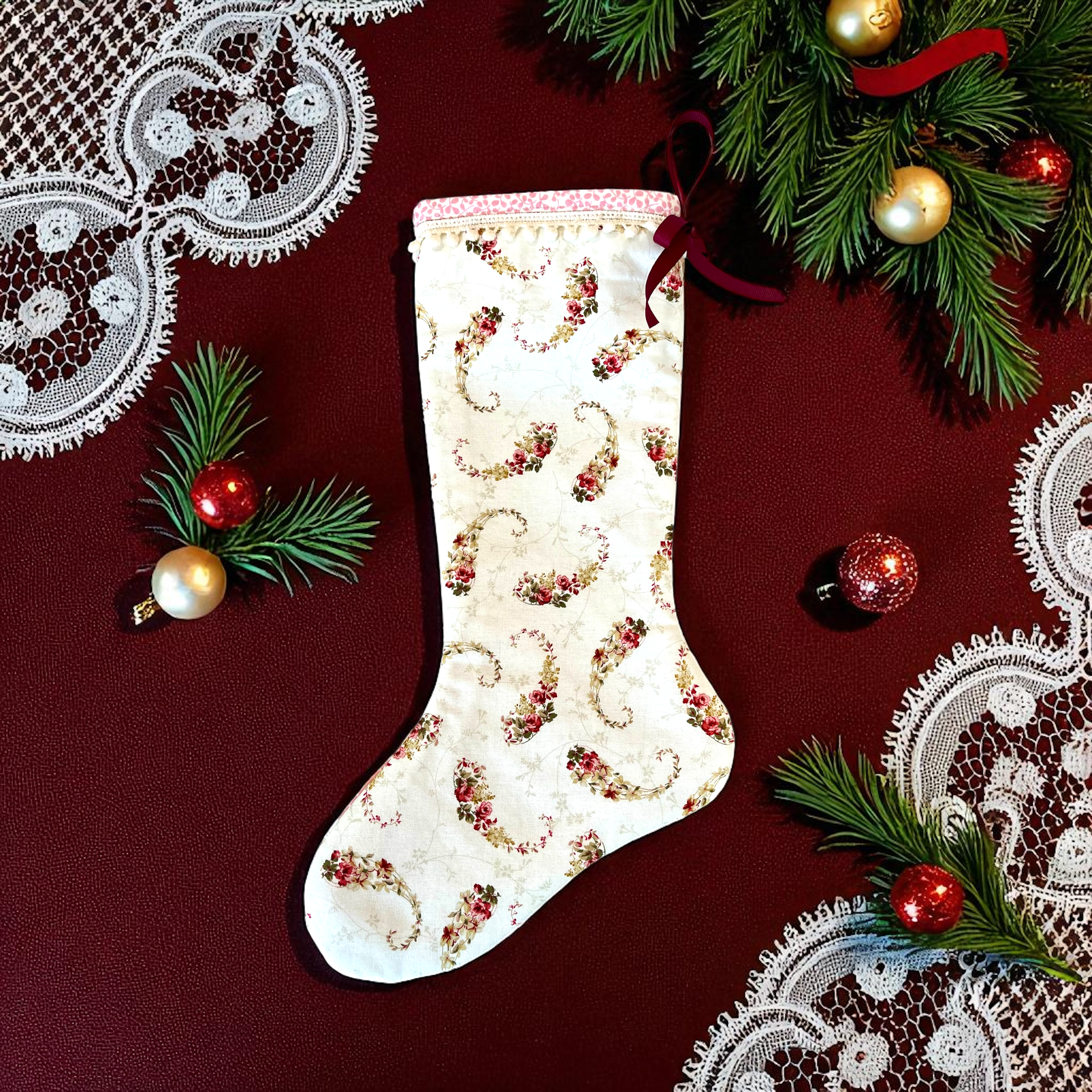Vintage Christmas Handmade Quilted Stocking