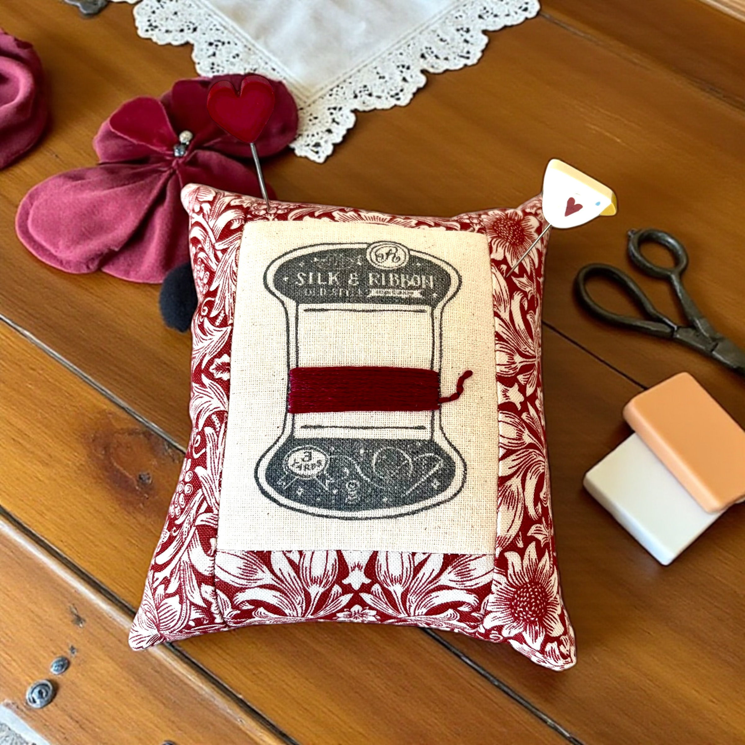 Handmade William Morris Fabric Sewing Spool Pincushion