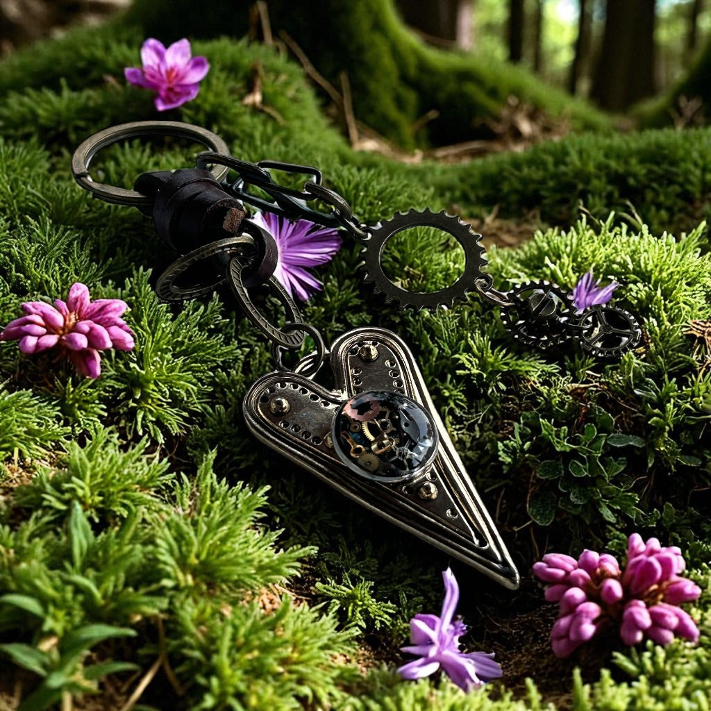 Steampunk watch parts golden heart keyring