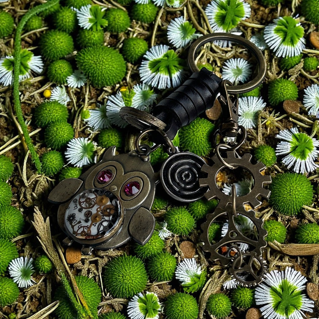 Steampunk watch parts owl keyring