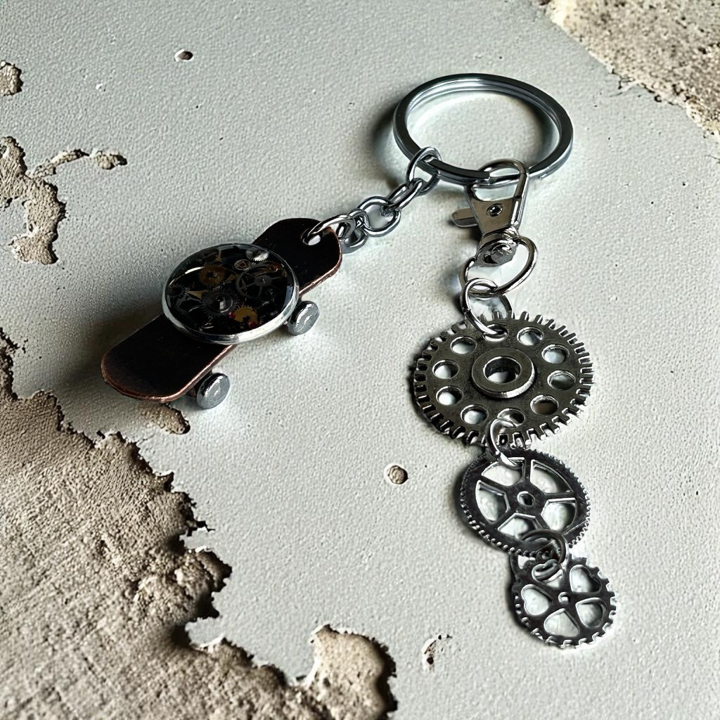 Steampunk watch parts skateboard keyring