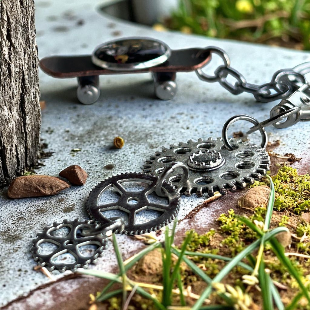 Steampunk watch parts skateboard keyring
