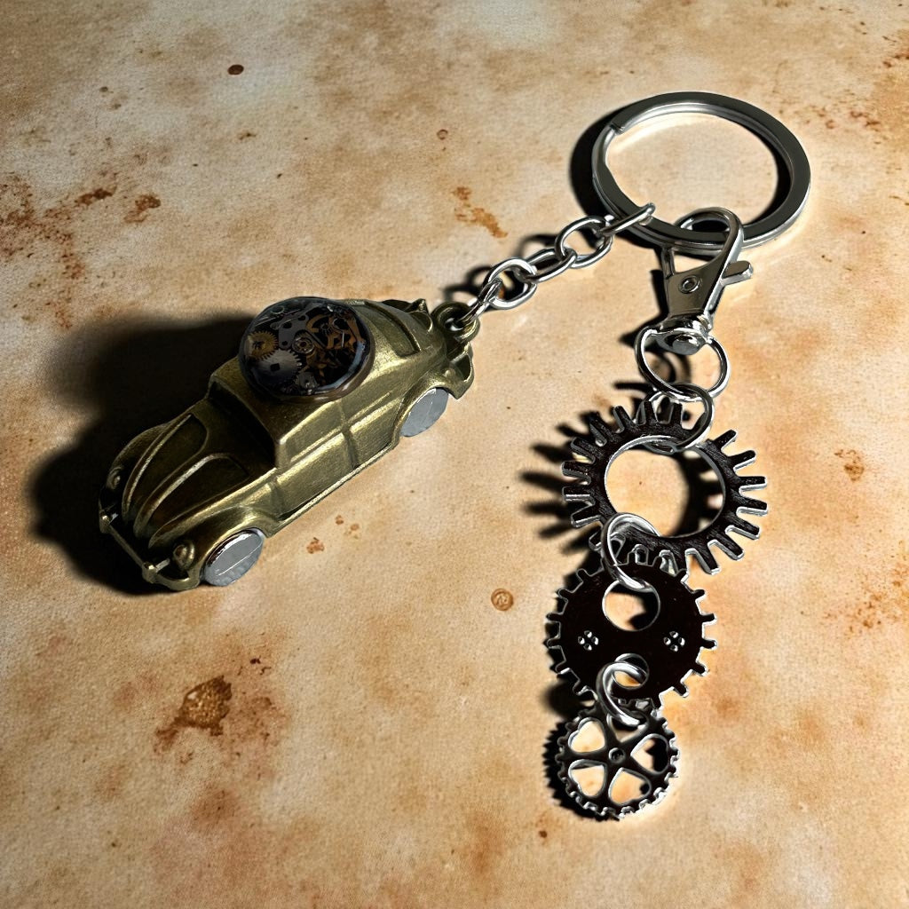 Steampunk watch parts old car keyring