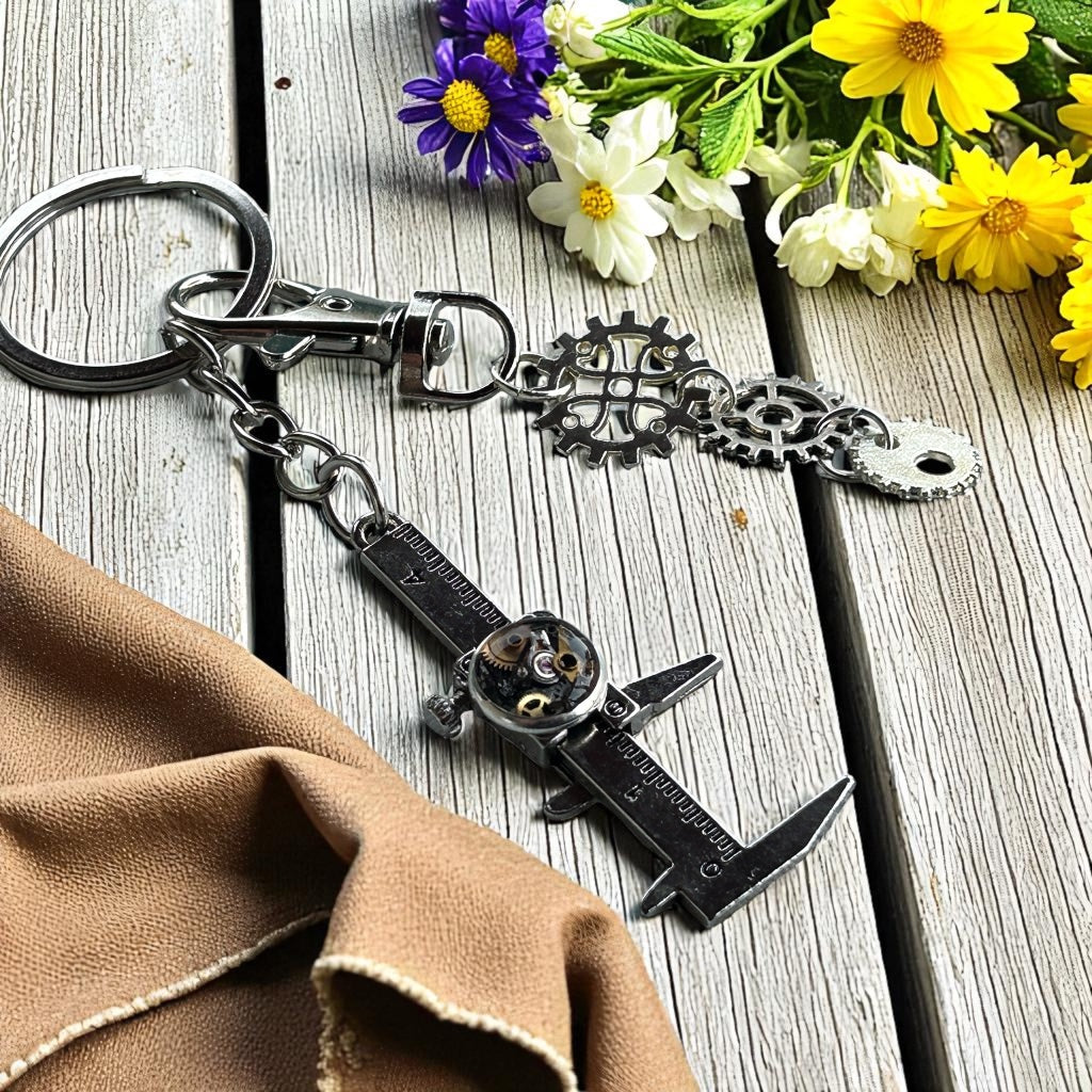 Steampunk watch parts caliper (moving parts) keyring