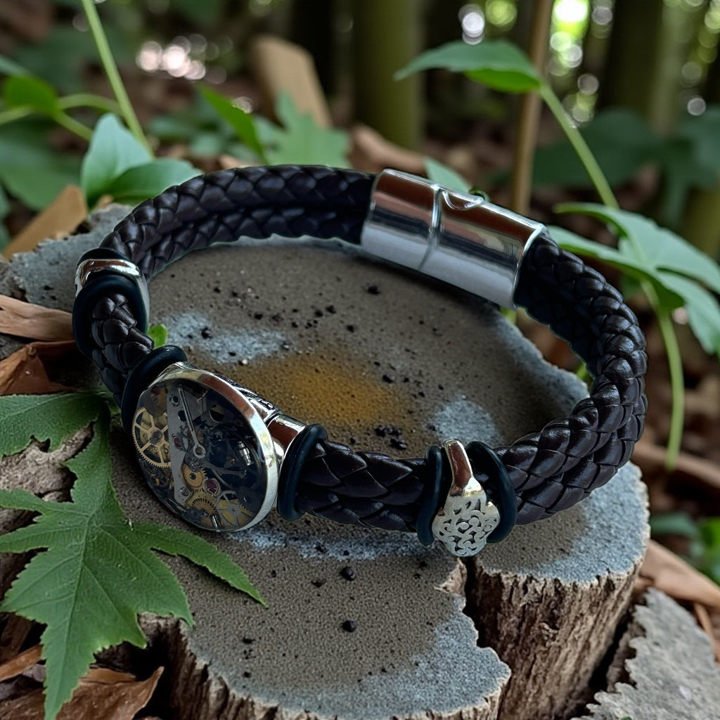 Steampunk watch parts cuff/bracelet brown leather