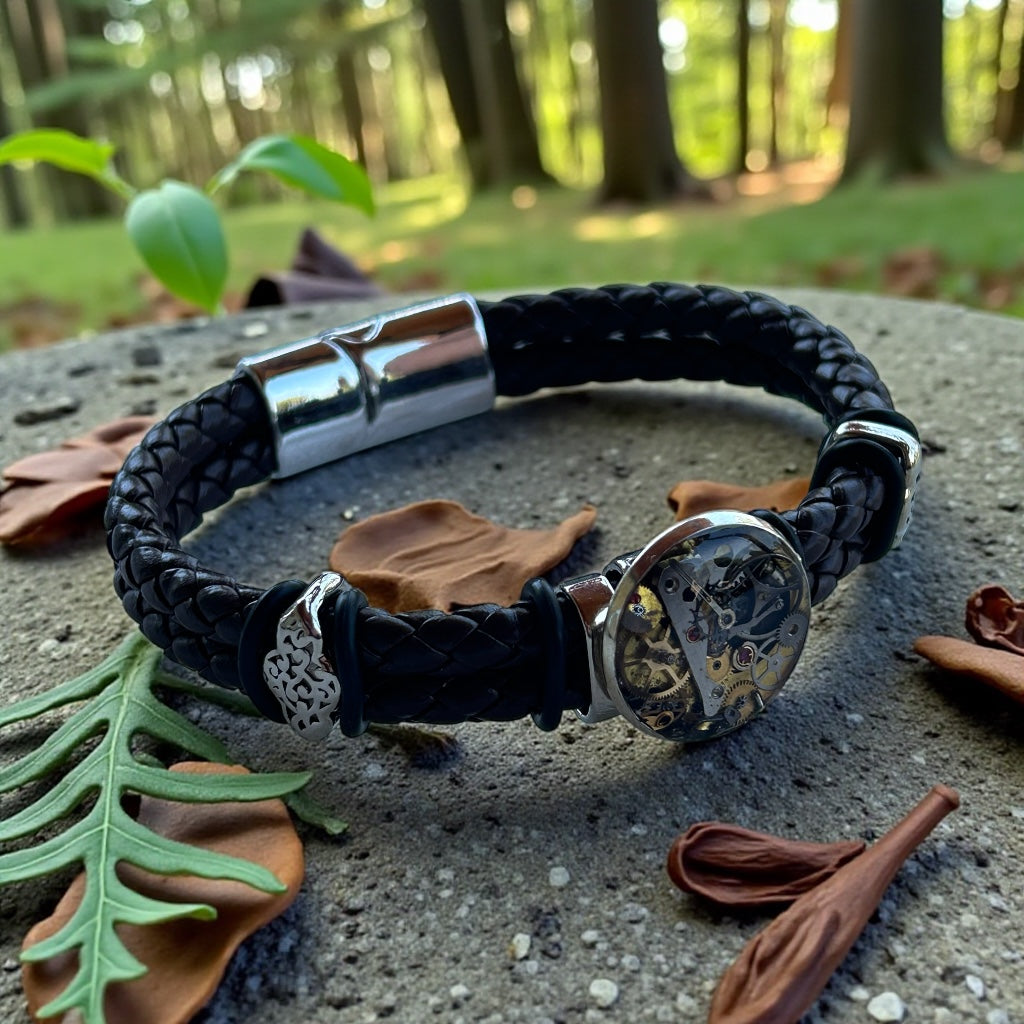 Steampunk watch parts cuff/bracelet brown leather