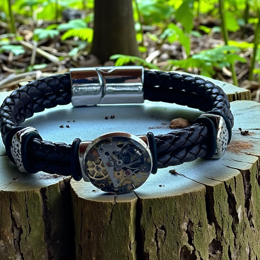 Steampunk watch parts cuff/bracelet brown leather