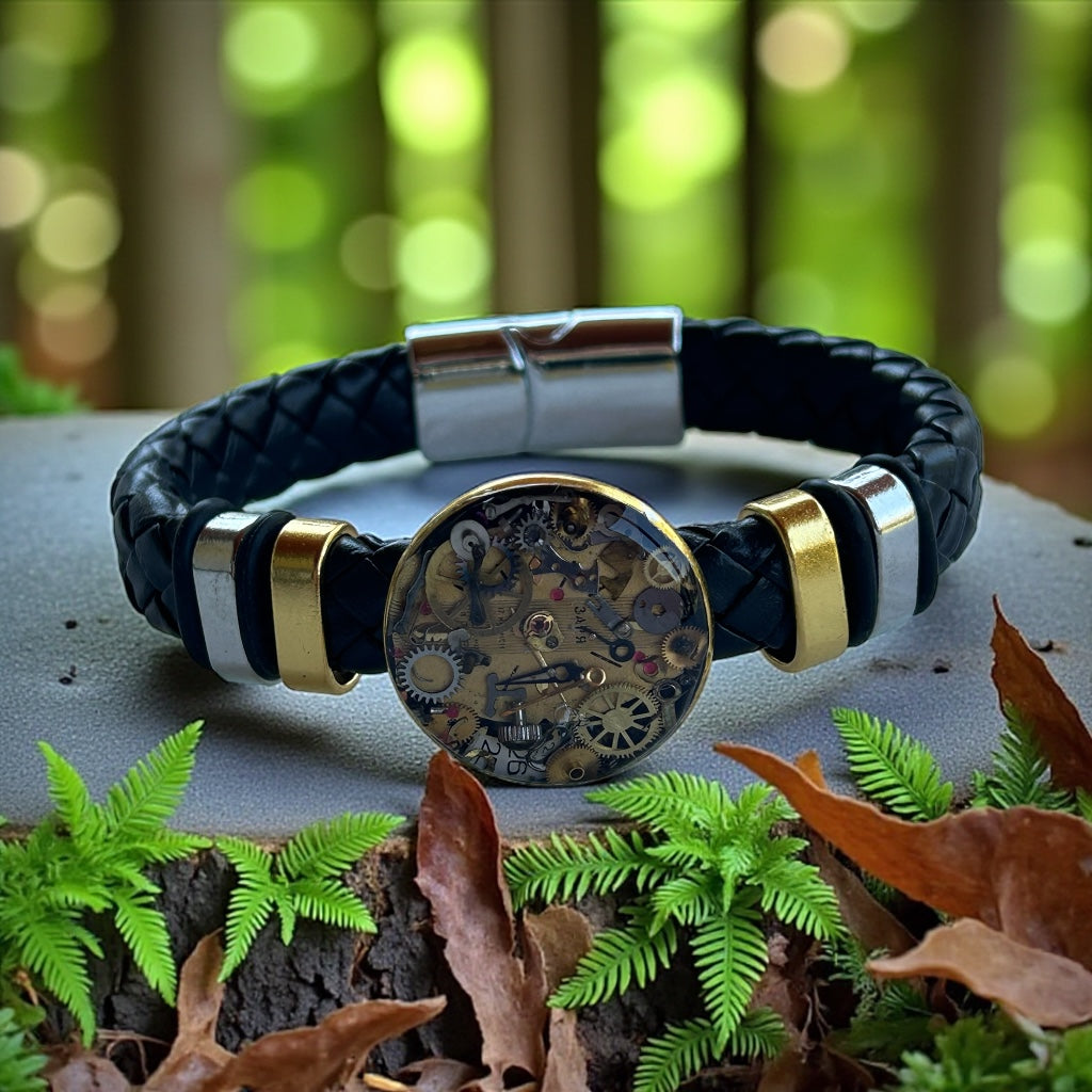 Steampunk watch parts cuff/bracelet black leather