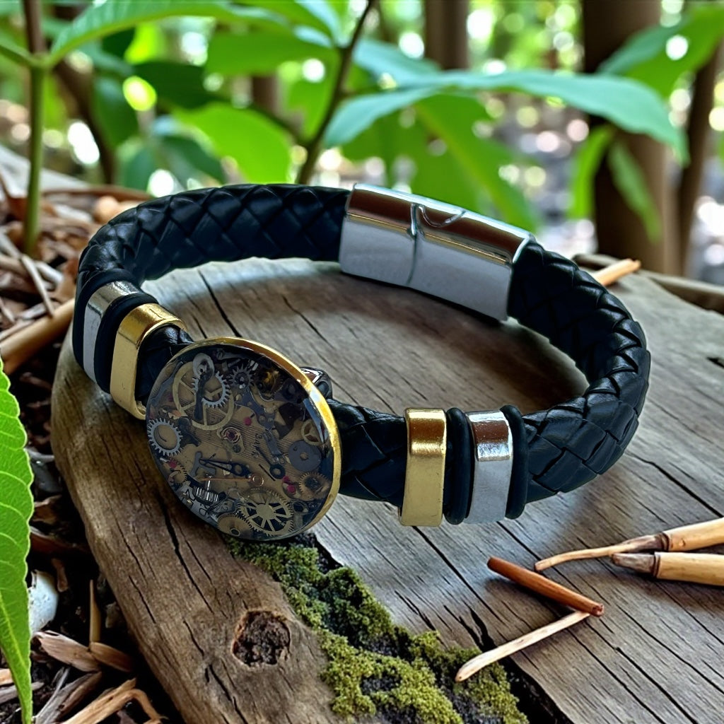 Steampunk watch parts cuff/bracelet black leather