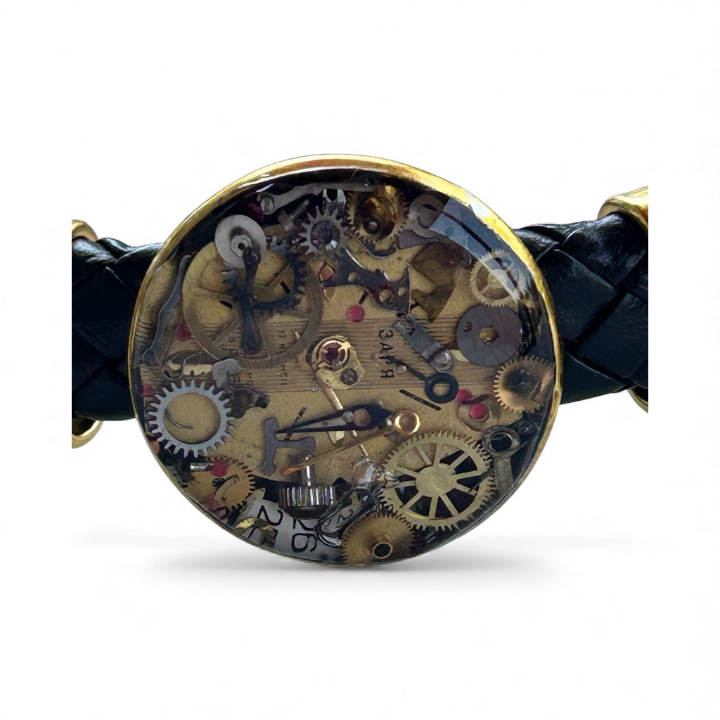 Steampunk watch parts cuff/bracelet black leather