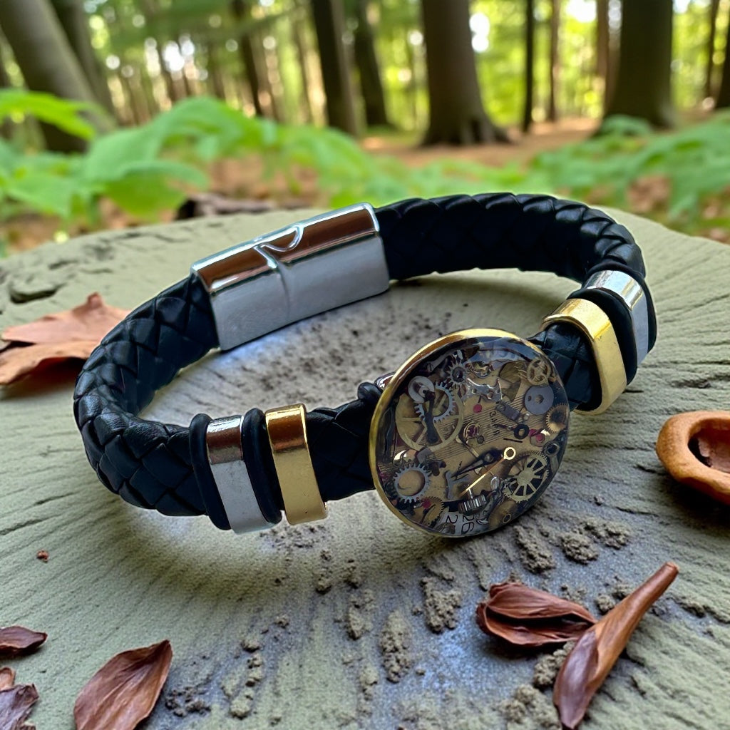 Steampunk watch parts cuff/bracelet black leather