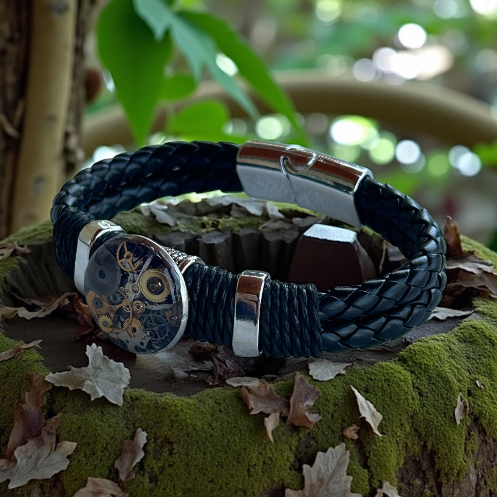 Steampunk watch parts cuff/bracelet black leather