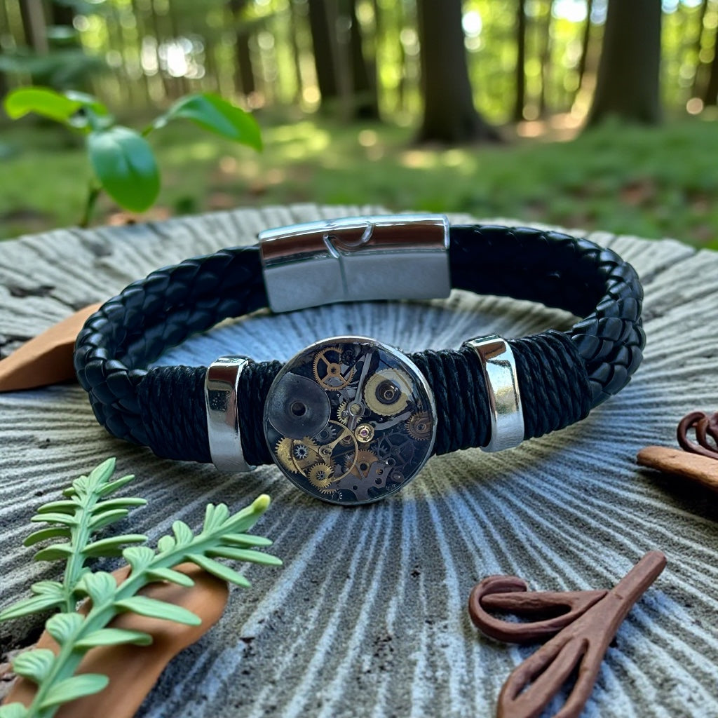 Steampunk watch parts cuff/bracelet black leather