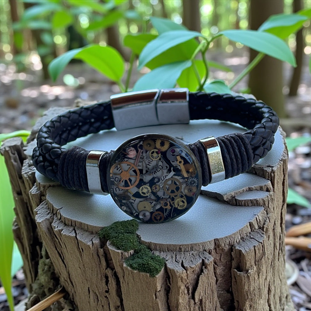 Steampunk watch parts cuff/bracelet dark brown leather