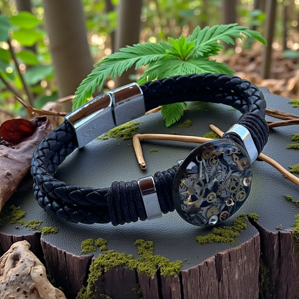 Steampunk watch parts cuff/bracelet dark brown leather