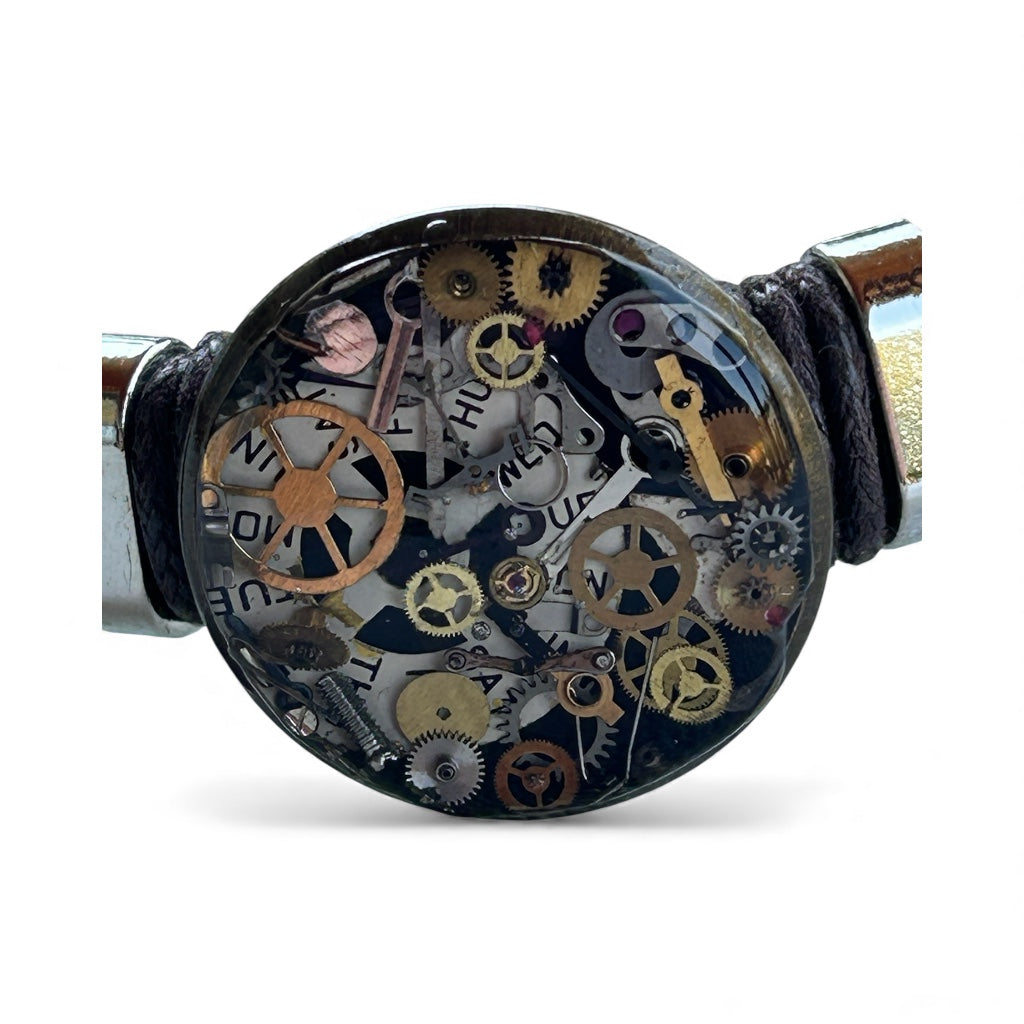 Steampunk watch parts cuff/bracelet dark brown leather