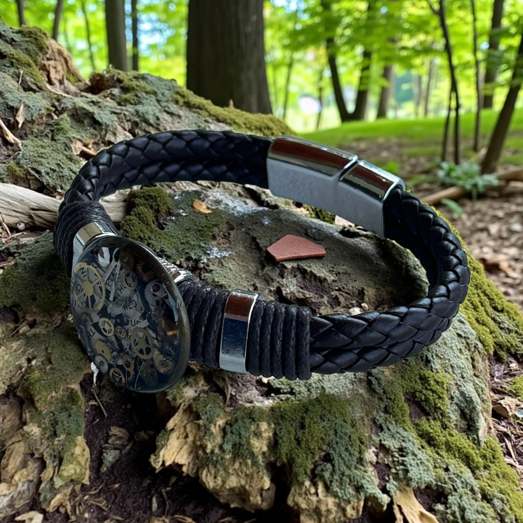 Steampunk watch parts cuff/bracelet dark brown leather