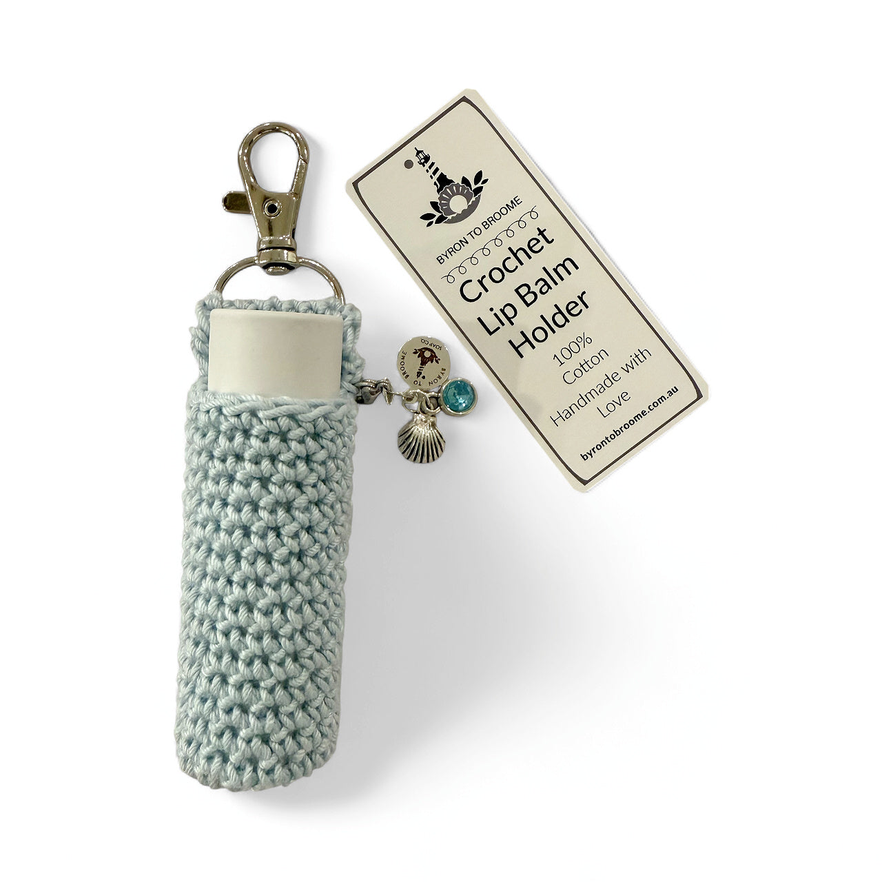 Crochet Lip Balm Holder - Clarity | Blue Gem + Shell + Logo Charms