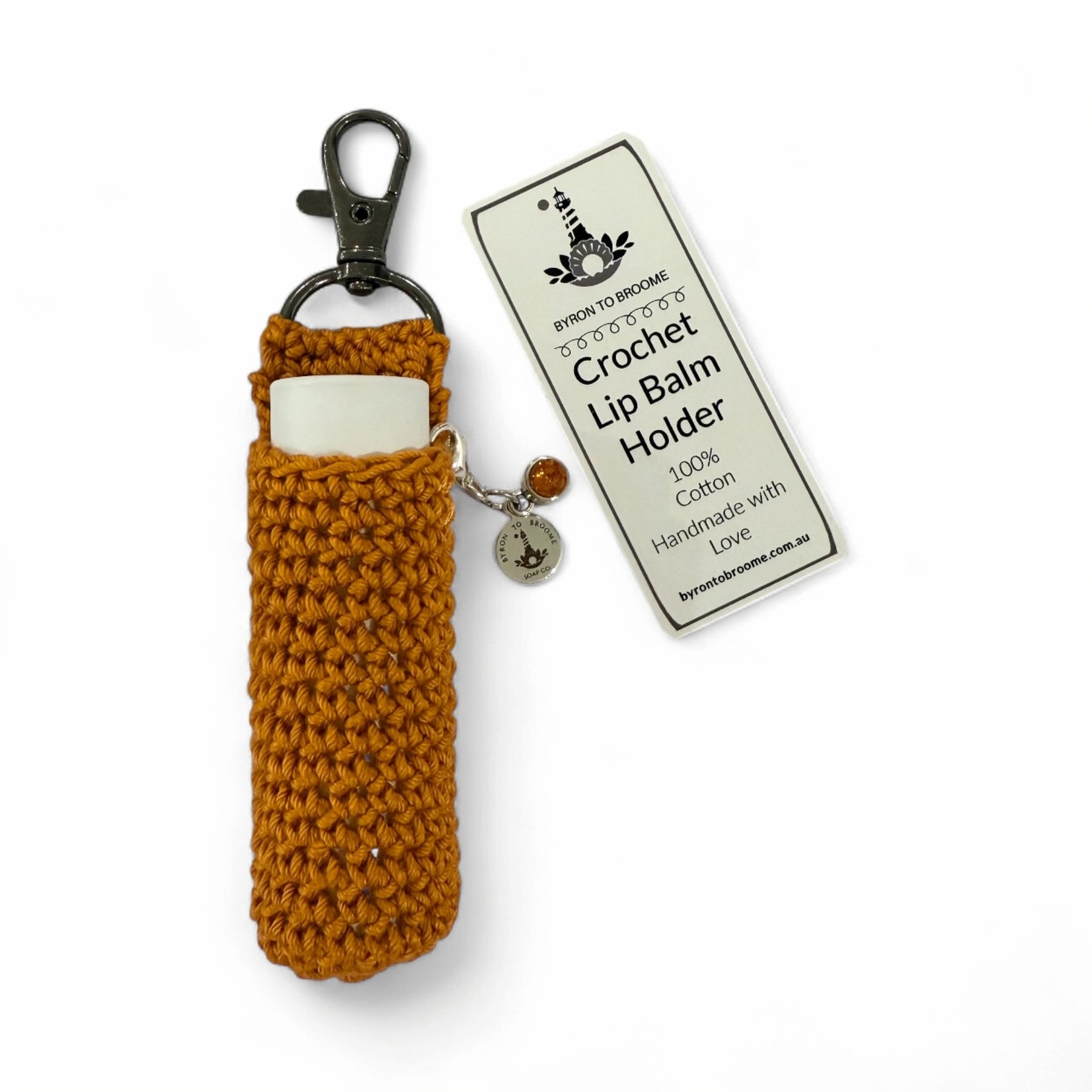 Crochet Lip Balm Holder - Clementine | Orange Gem + Logo Charms