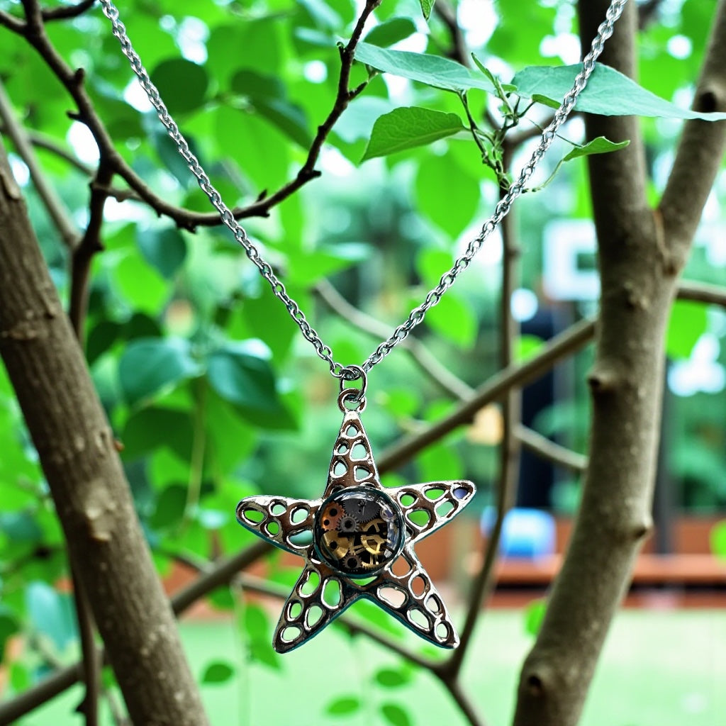 Steampunk watch movement/parts starfish necklace